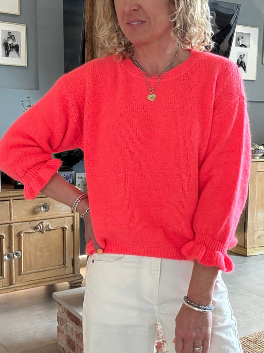 Evie Frill Sleeve Jumper | Neon Coral