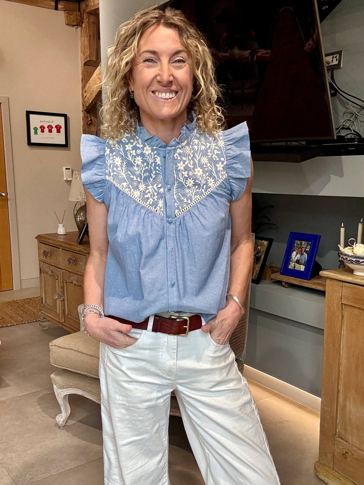Chambray Flutter Sleeve Blouse