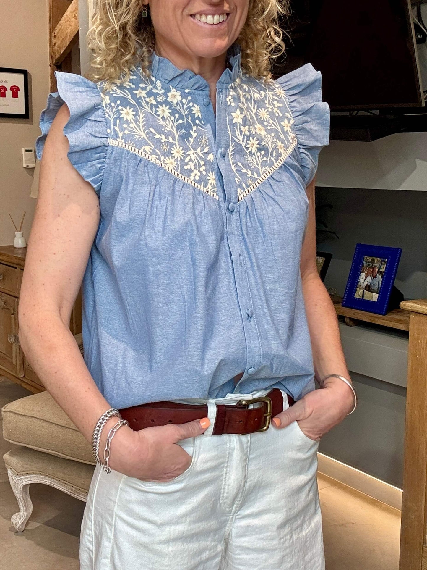 Chambray Flutter Sleeve Blouse