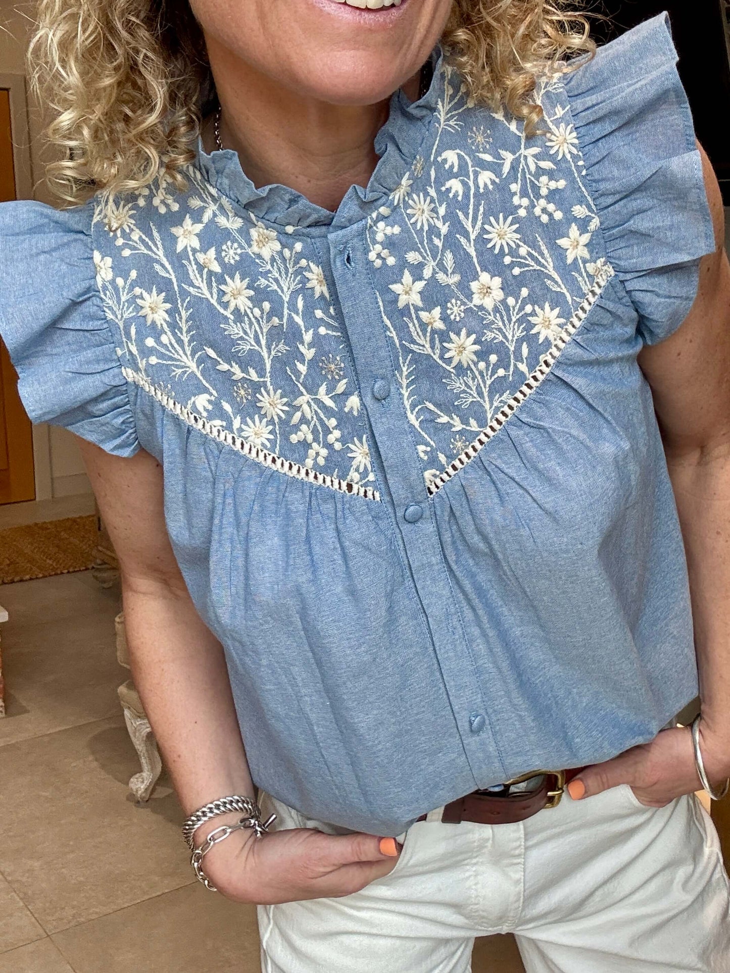 Chambray Flutter Sleeve Blouse