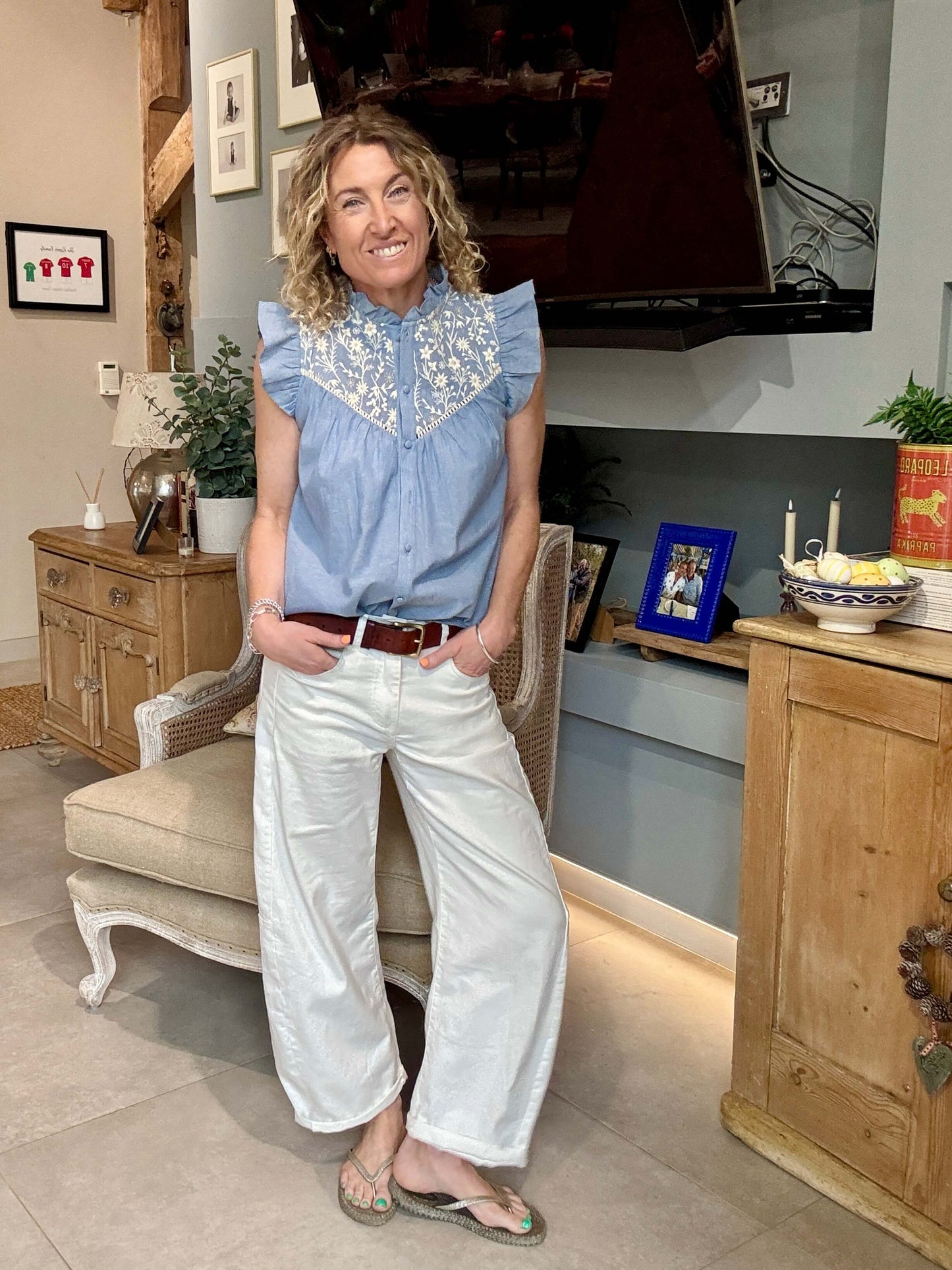 Chambray Flutter Sleeve Blouse