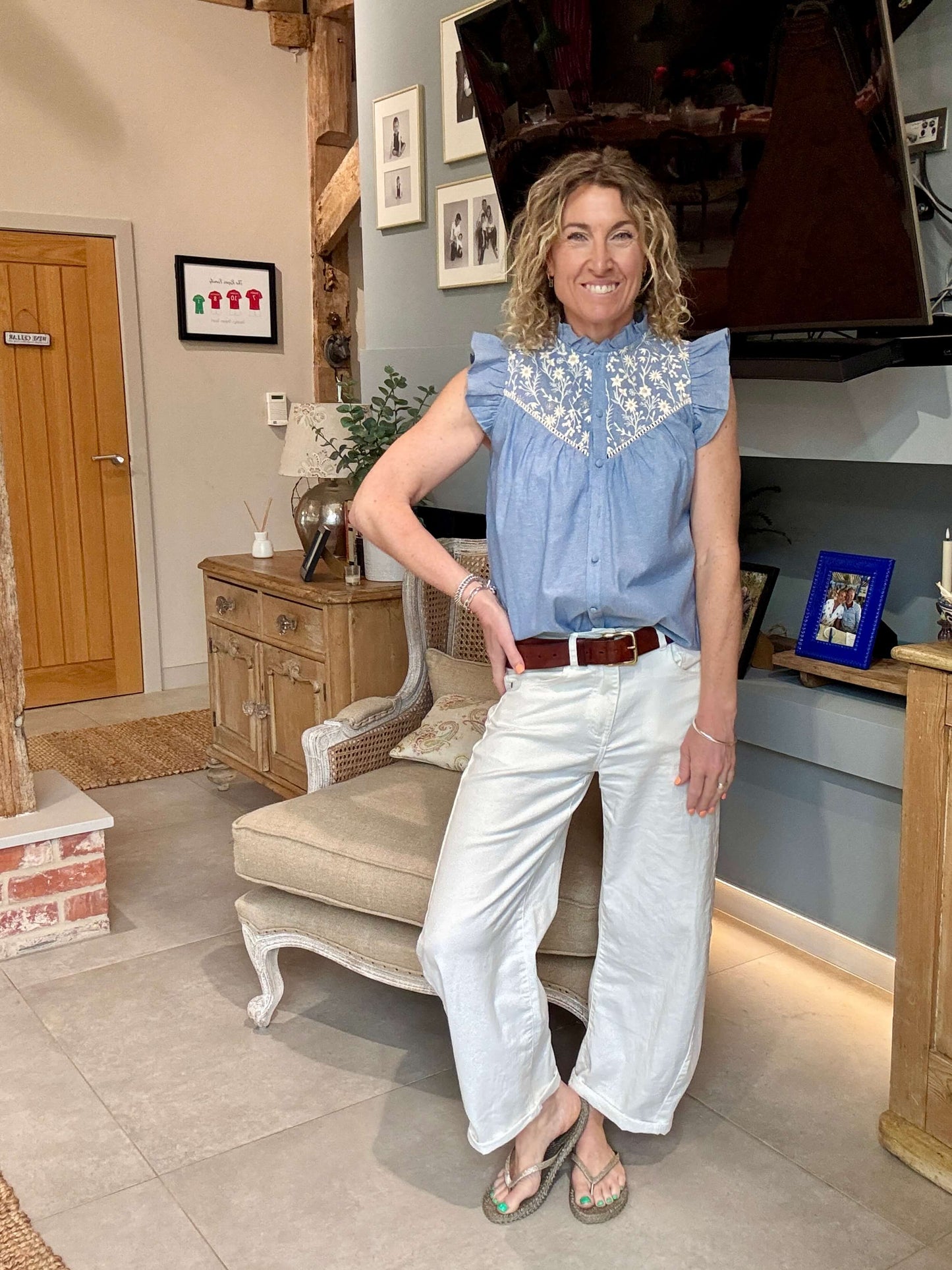 Chambray Flutter Sleeve Blouse