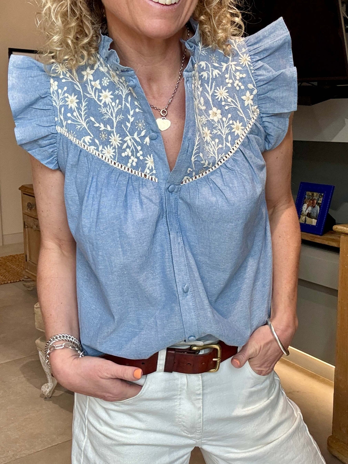 Chambray Flutter Sleeve Blouse
