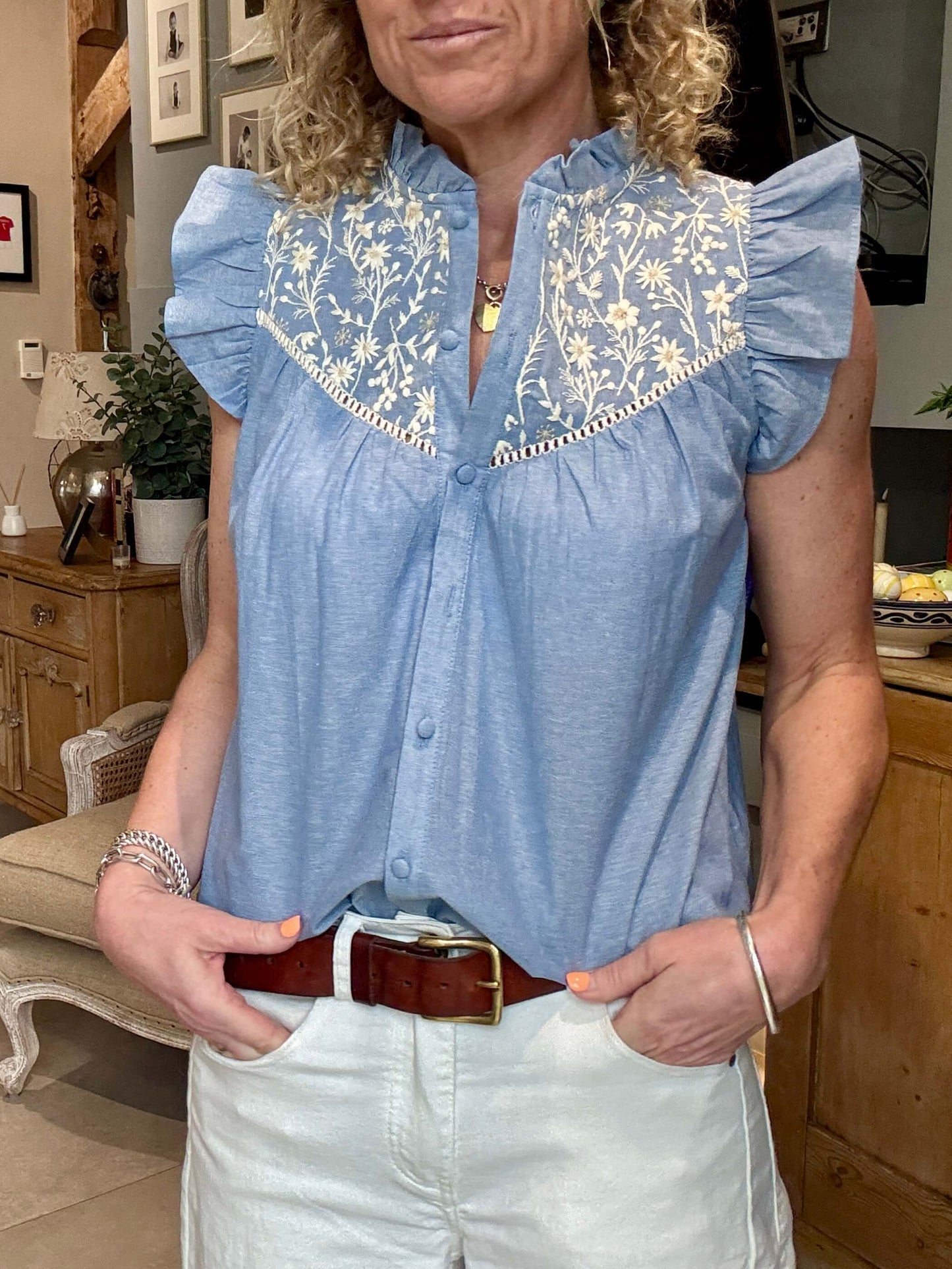 Chambray Flutter Sleeve Blouse