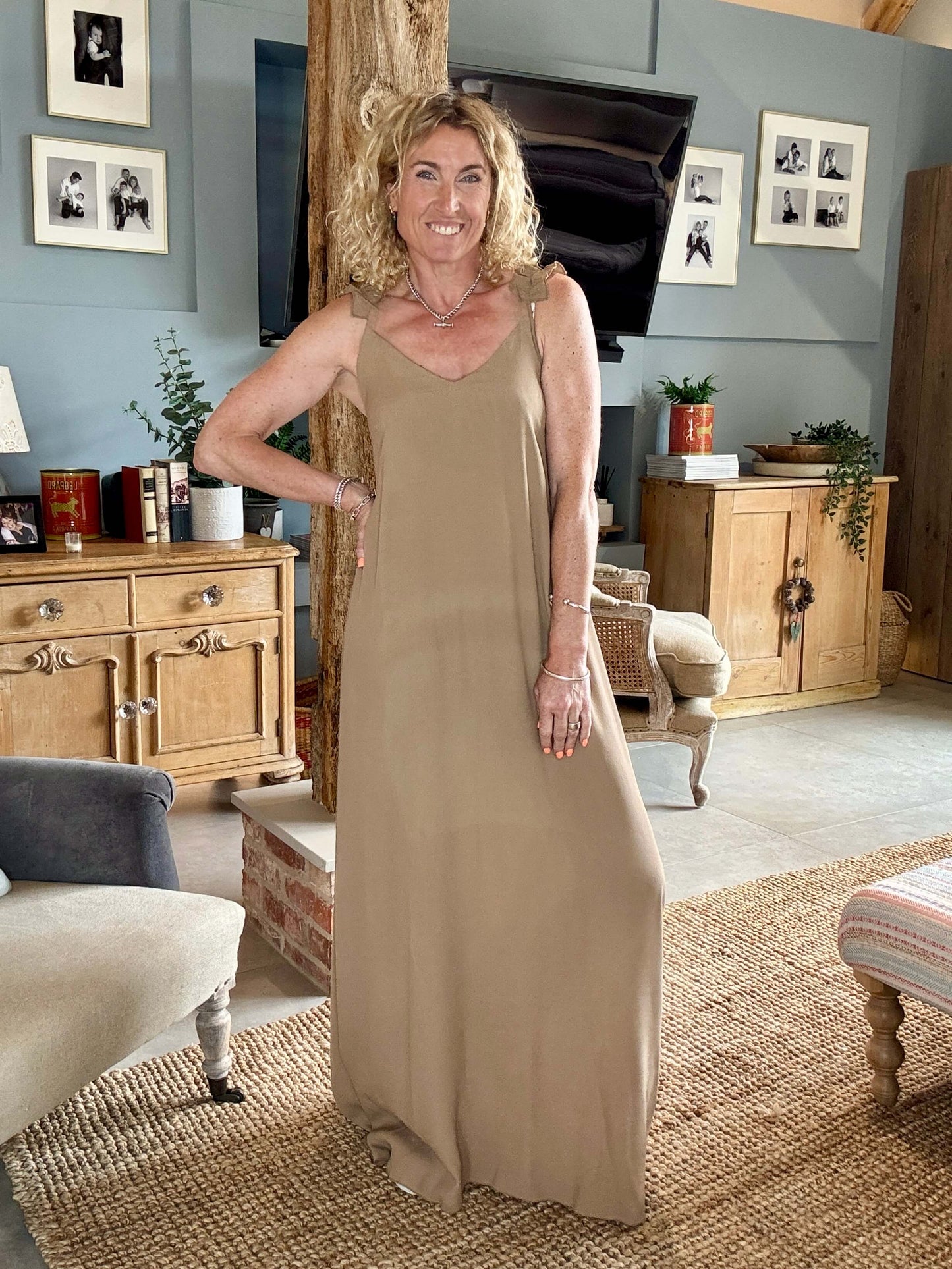 Sumatra Frill Strap Maxi Dress | Camel