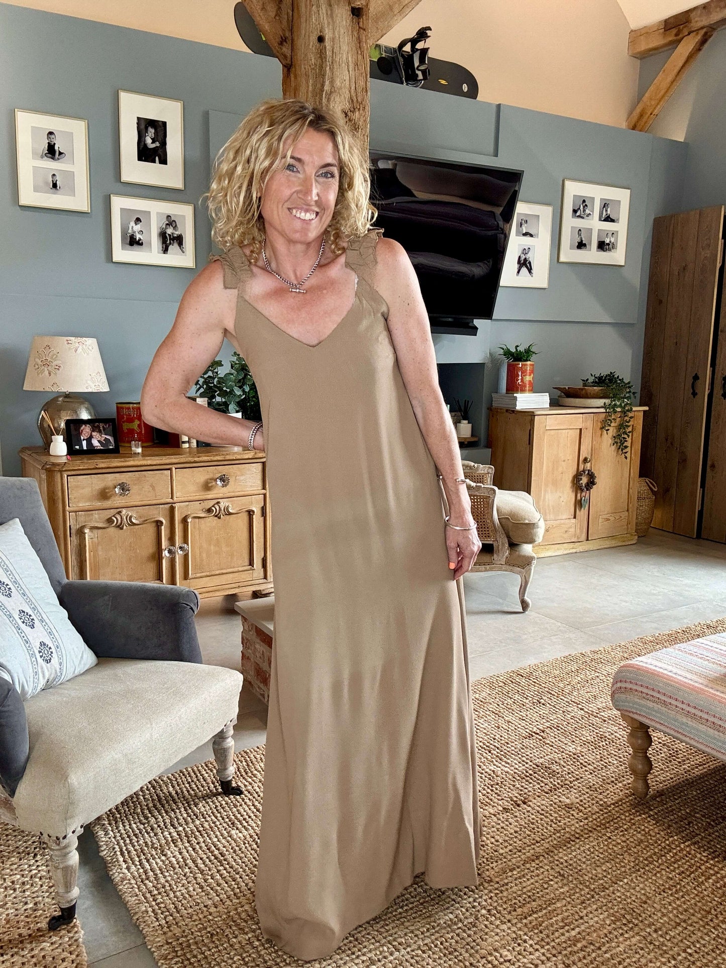 Sumatra Frill Strap Maxi Dress | Camel