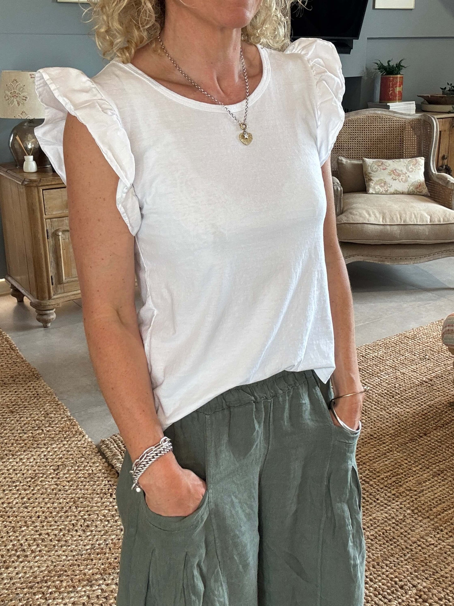 White Flutter Sleeve T-Shirt