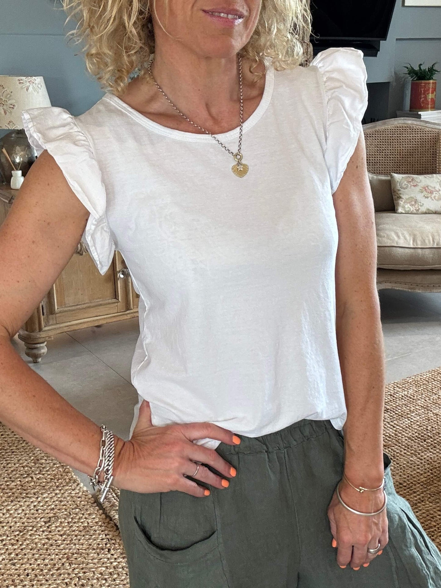 White Flutter Sleeve T-Shirt