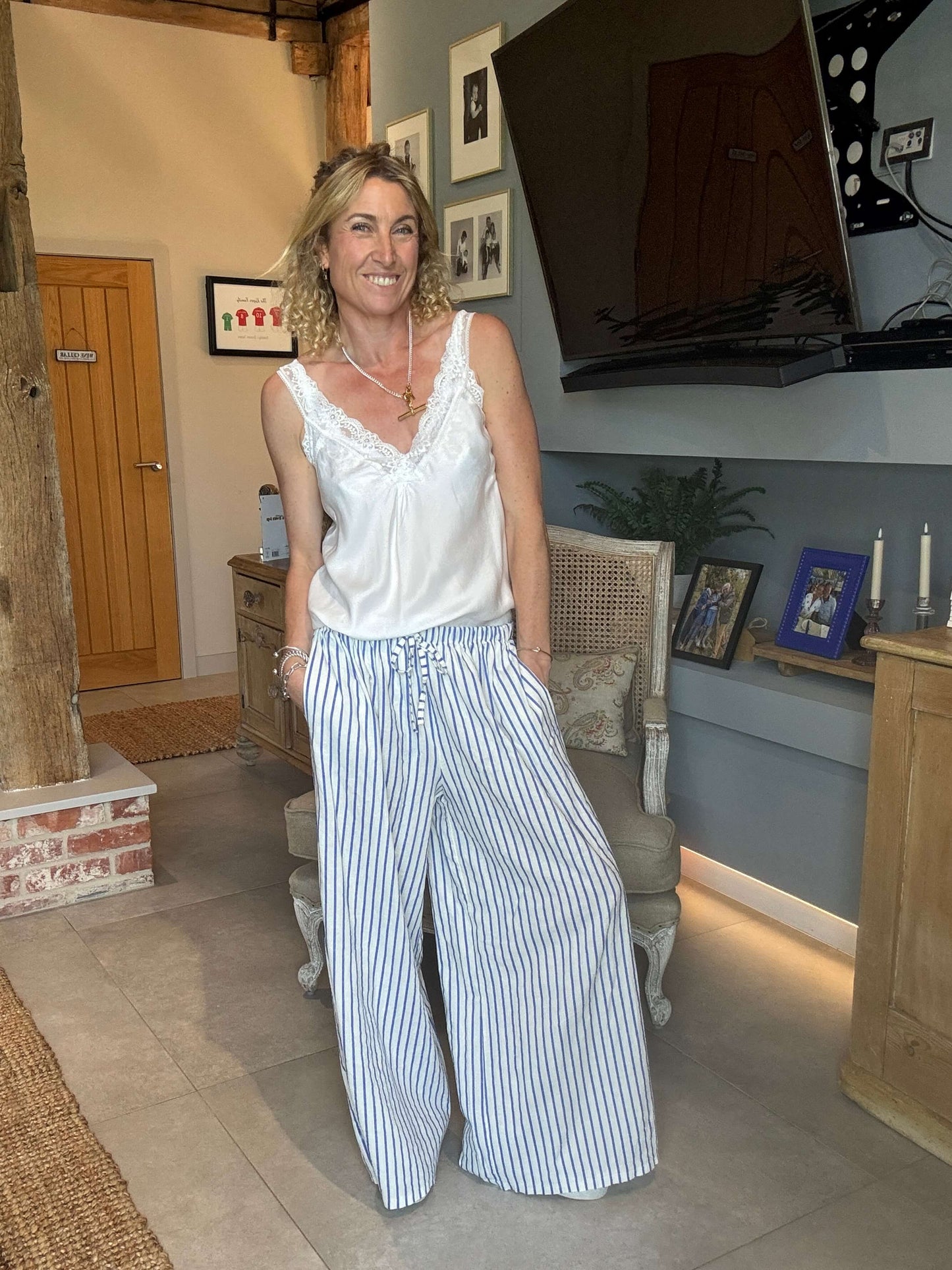 Candy Stripe Linen Trousers | Marine Blue & White