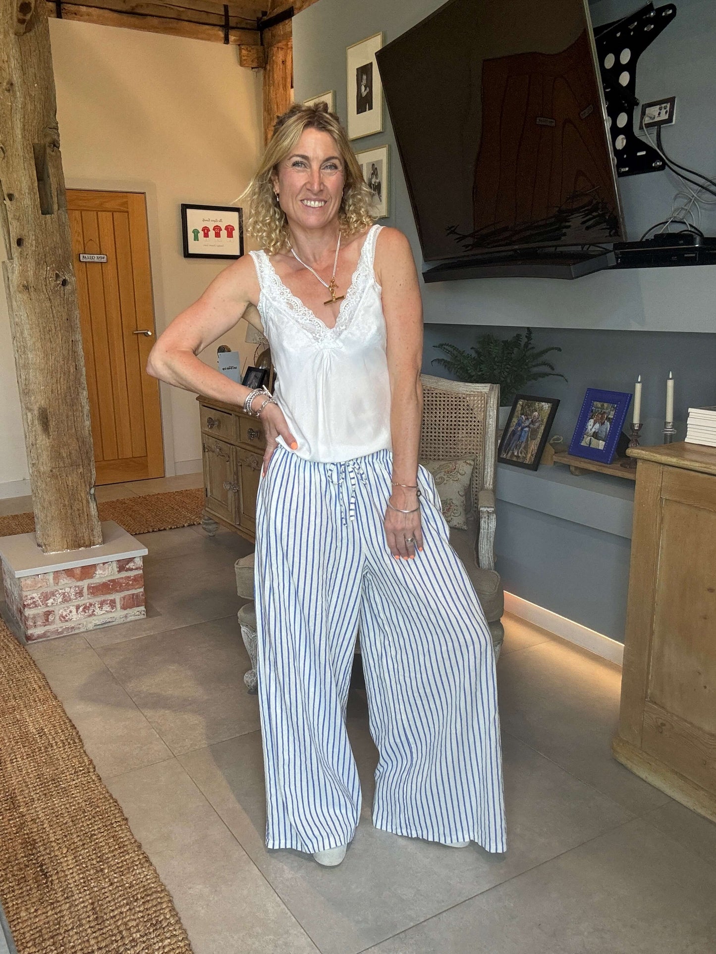 Candy Stripe Linen Trousers | Marine Blue & White