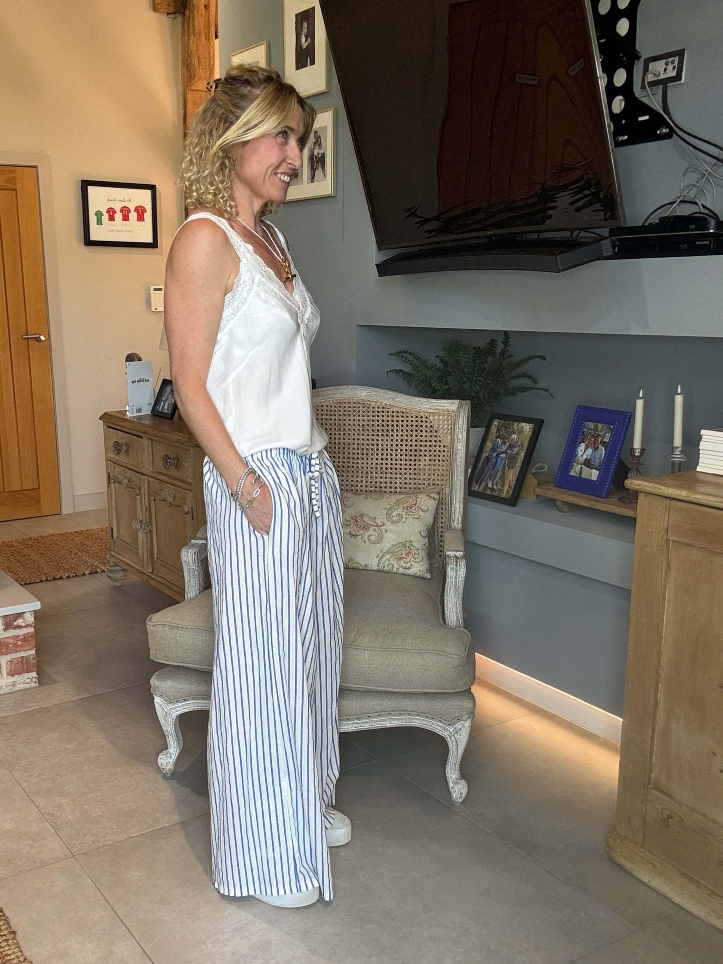 Candy Stripe Linen Trousers | Marine Blue & White