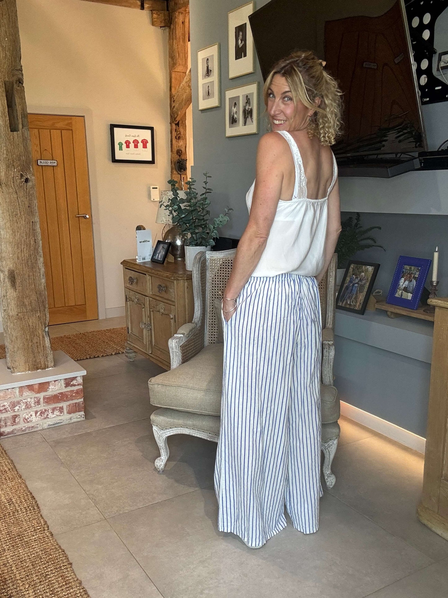 Candy Stripe Linen Trousers | Marine Blue & White