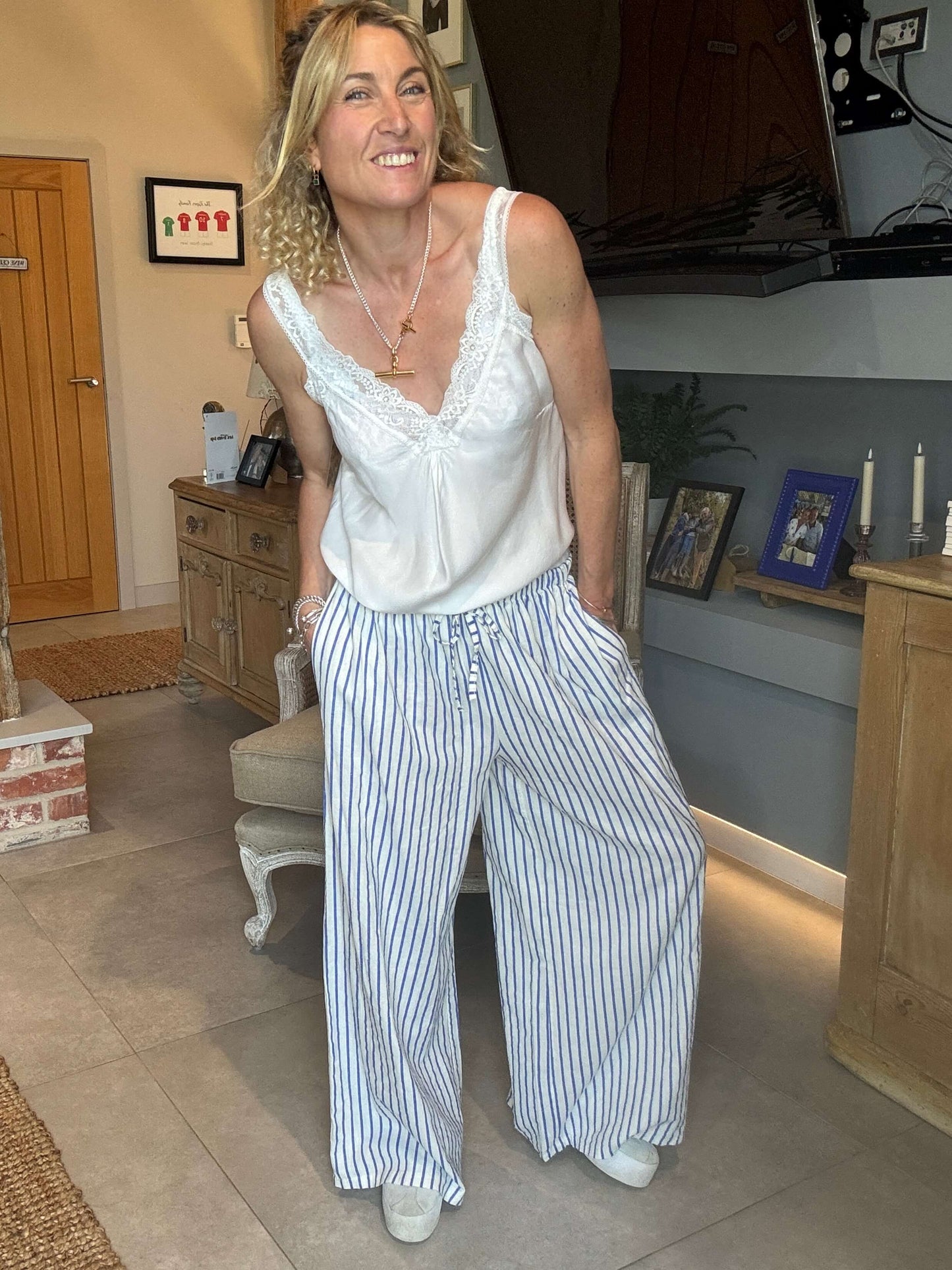 Candy Stripe Linen Trousers | Marine Blue & White