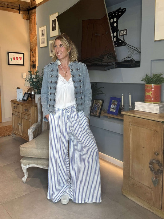 Candy Stripe Linen Trousers | Marine Blue & White