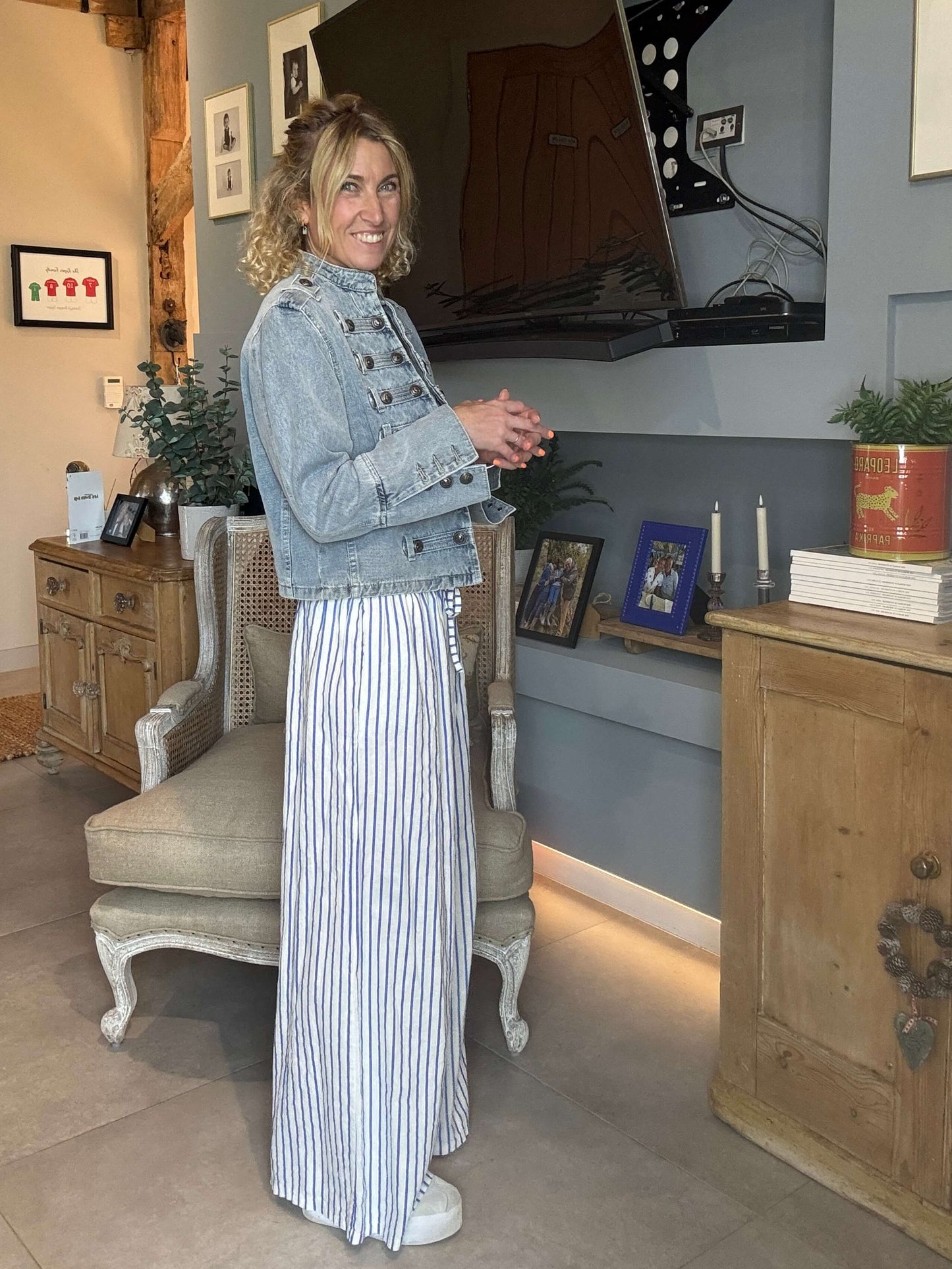 Candy Stripe Linen Trousers | Marine Blue & White