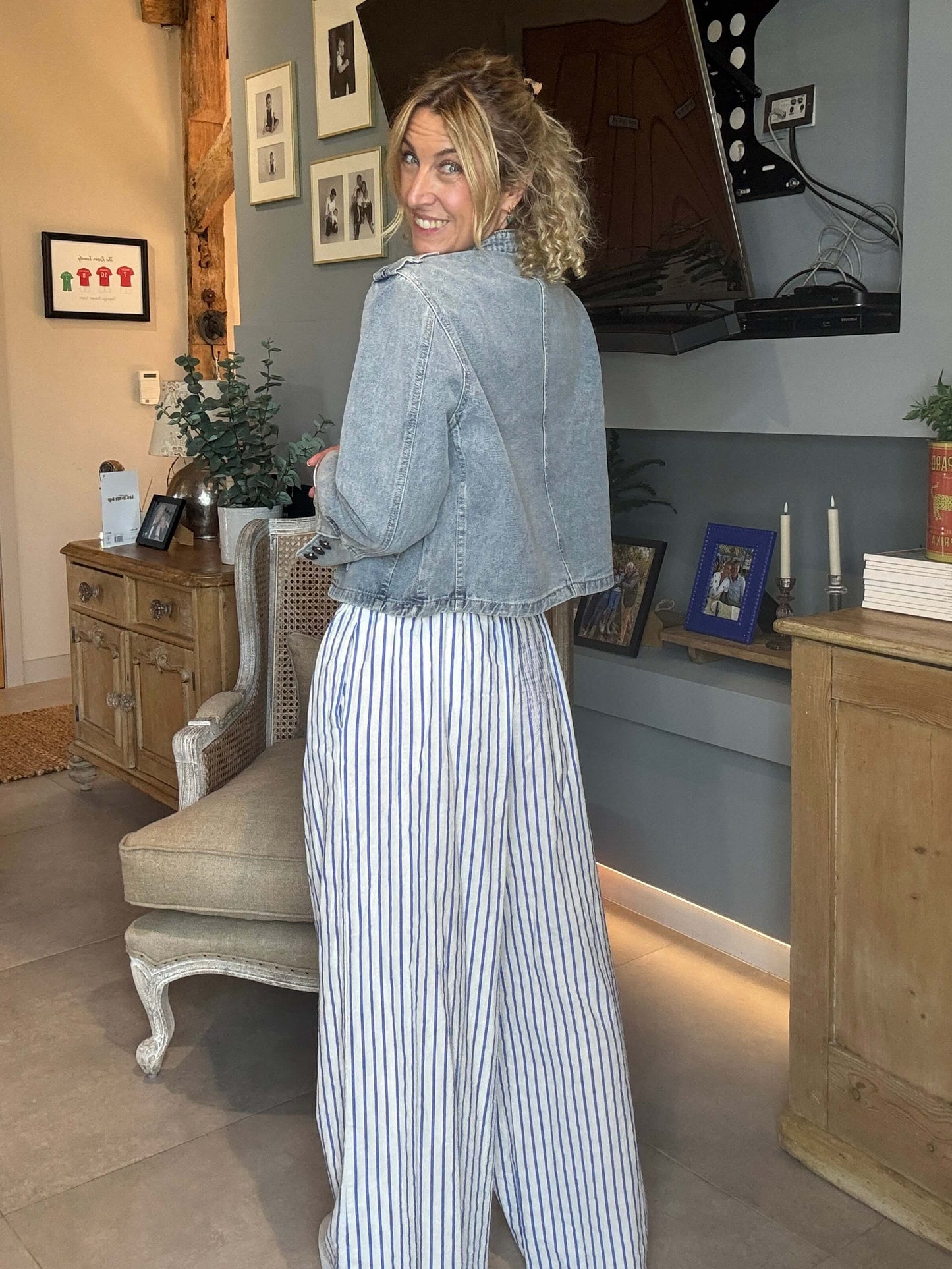 Candy Stripe Linen Trousers | Marine Blue & White