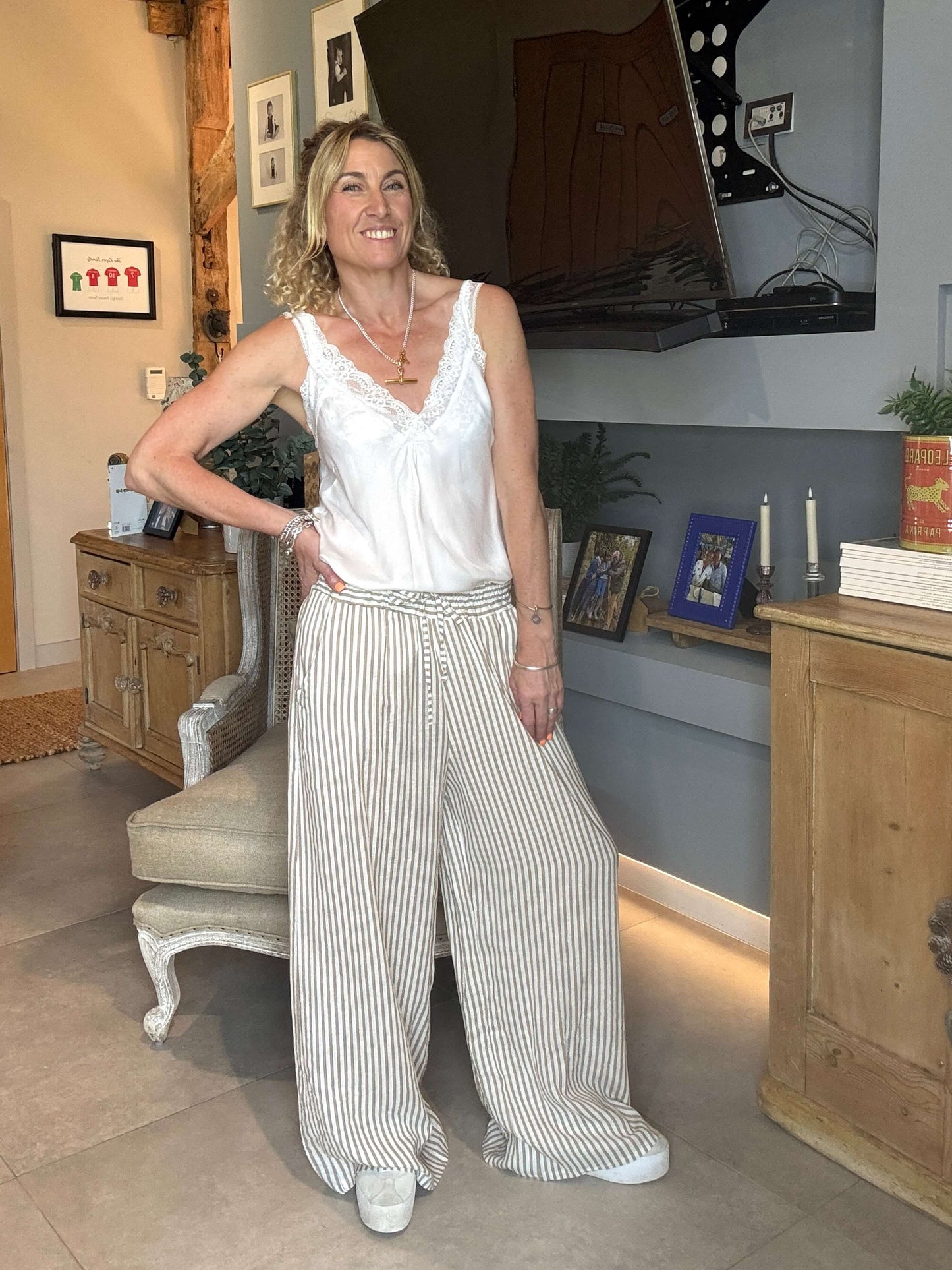 Candy Stripe Linen Trousers | Coffee & White