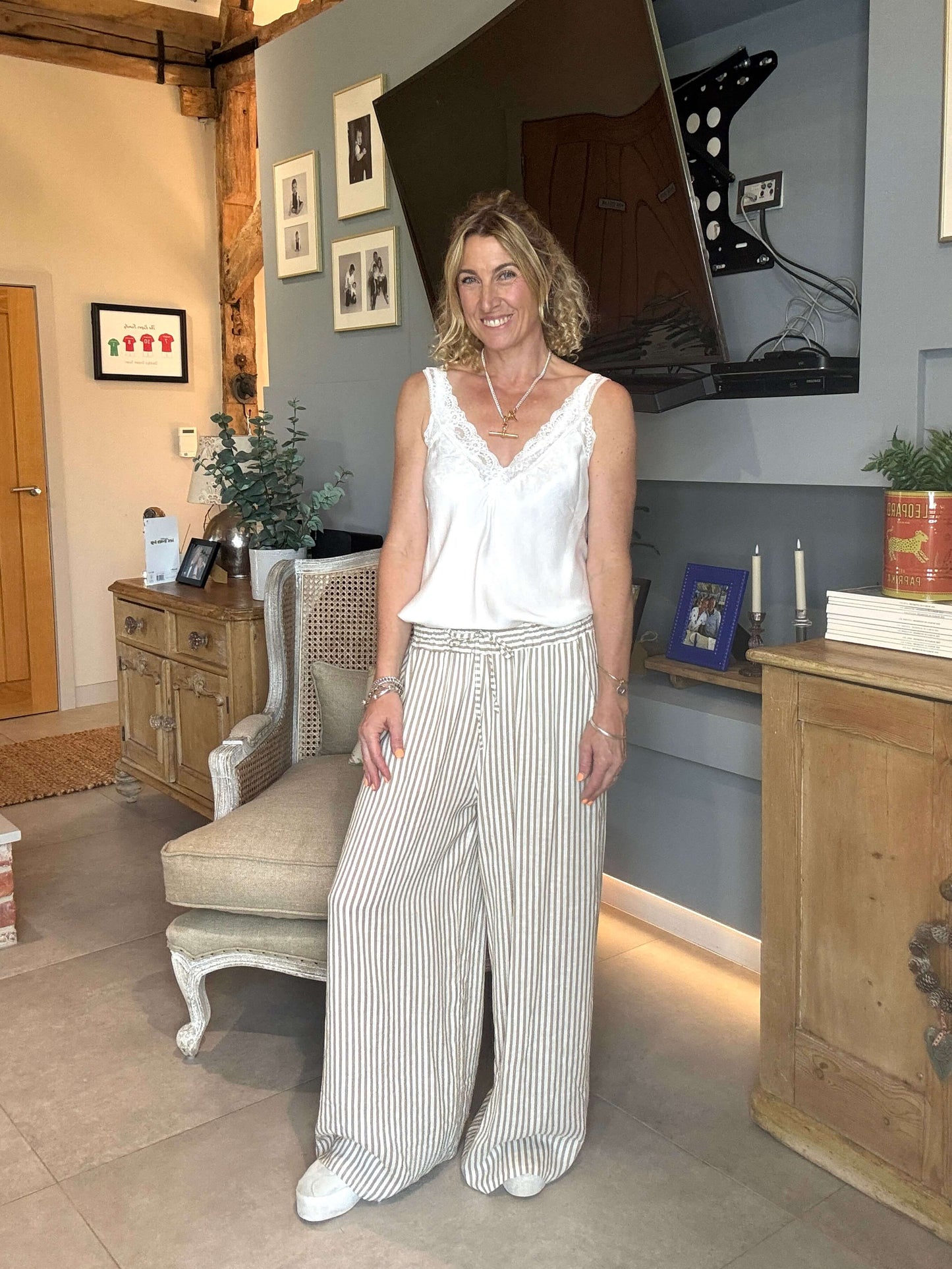 Candy Stripe Linen Trousers | Coffee & White