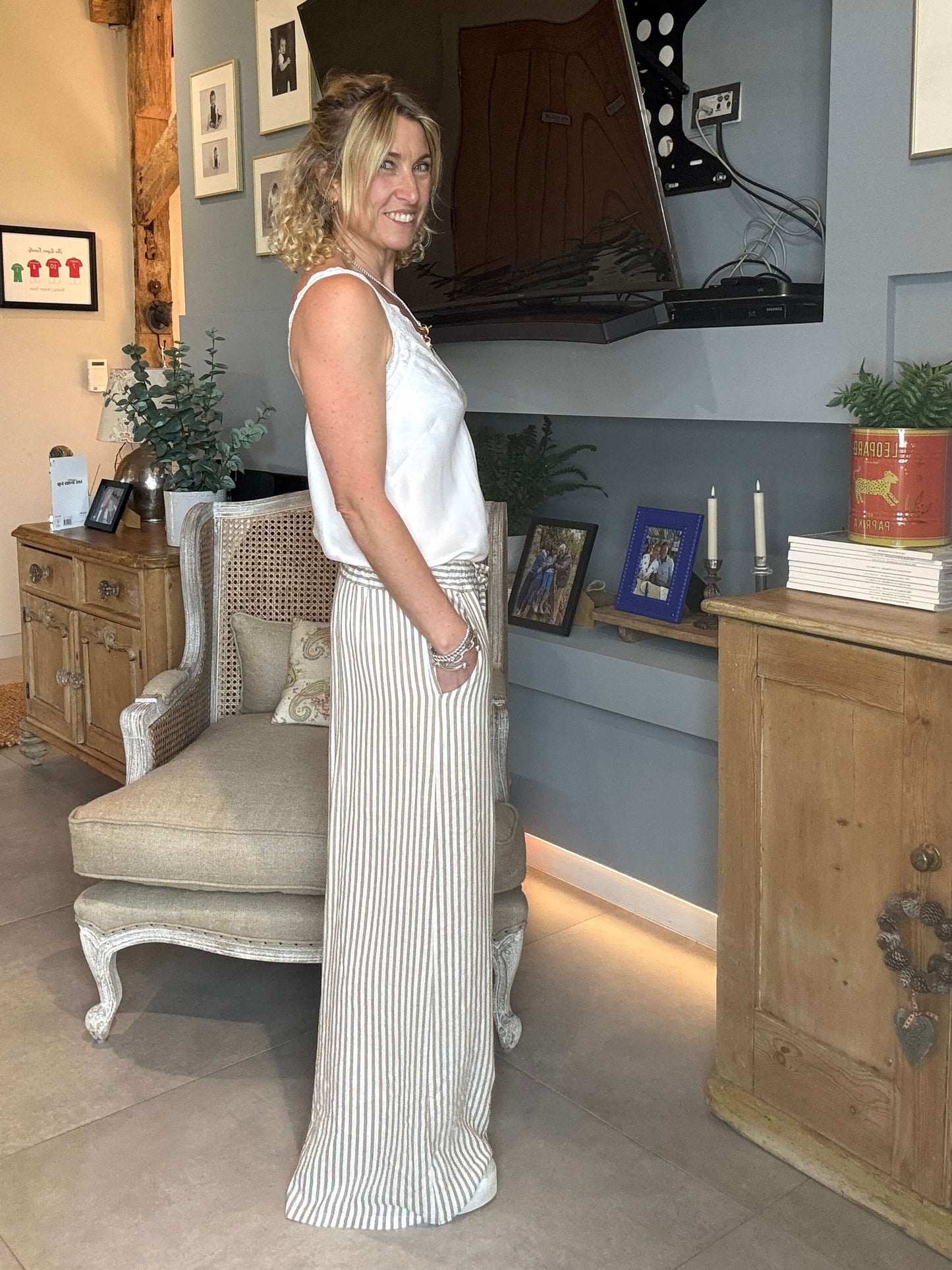 Candy Stripe Linen Trousers | Coffee & White