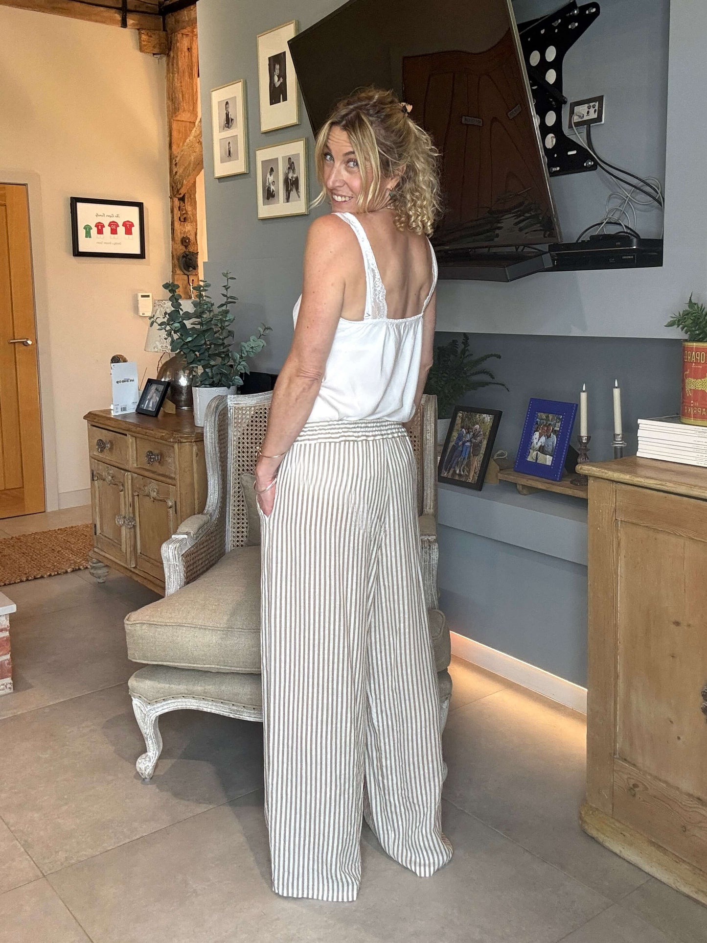 Candy Stripe Linen Trousers | Coffee & White