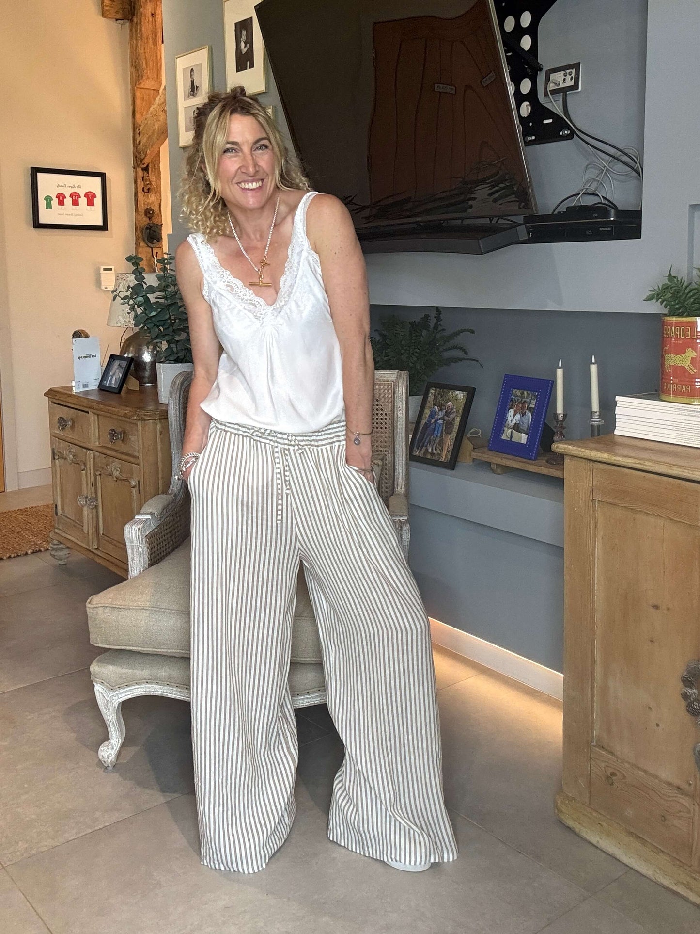 Candy Stripe Linen Trousers | Coffee & White