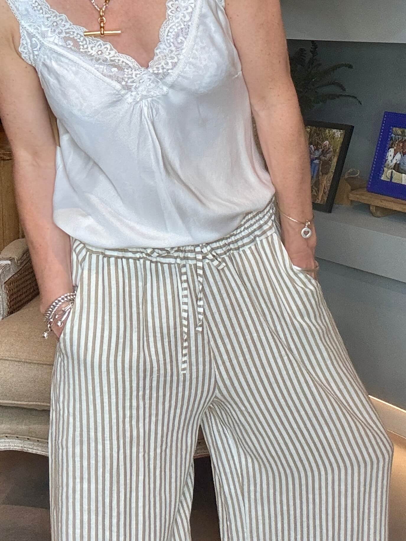 Candy Stripe Linen Trousers | Coffee & White