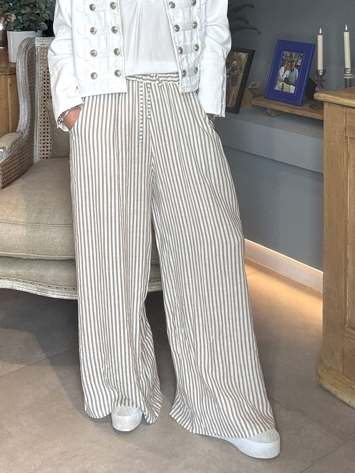 Candy Stripe Linen Trousers | Coffee & White