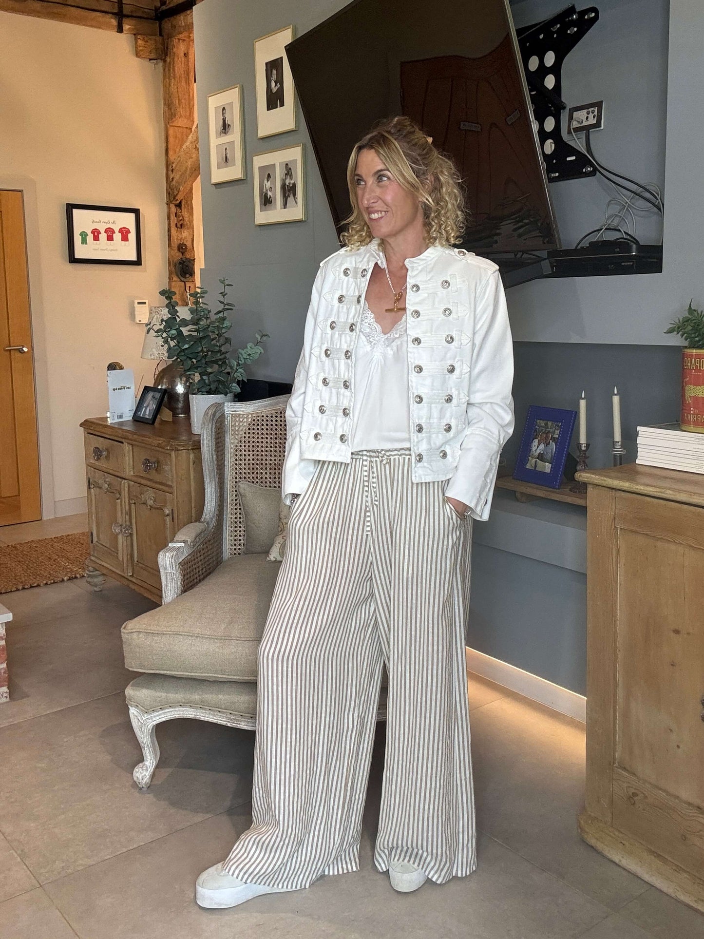 Candy Stripe Linen Trousers | Coffee & White