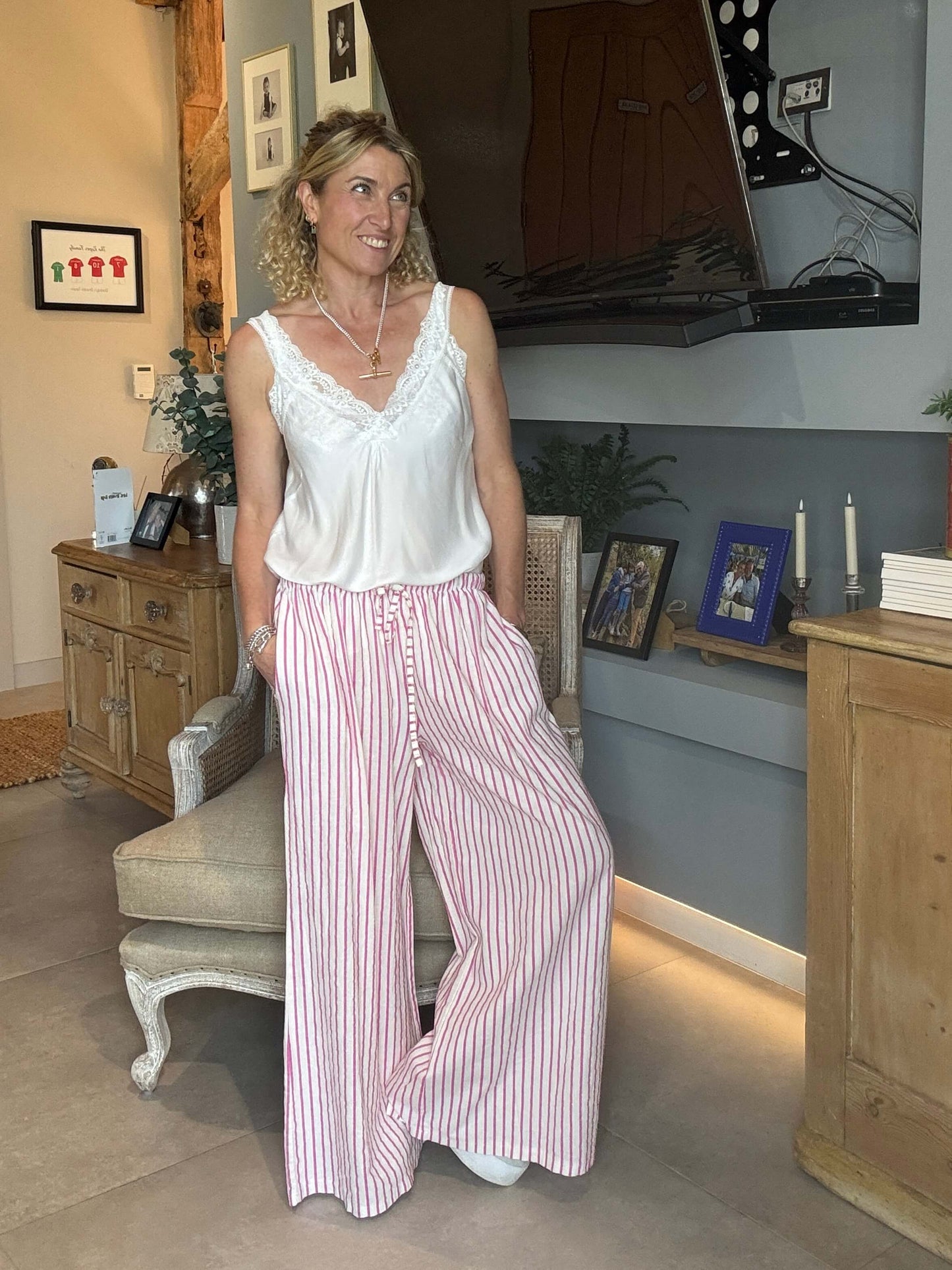 Candy Stripe Linen Trousers | Pink & White