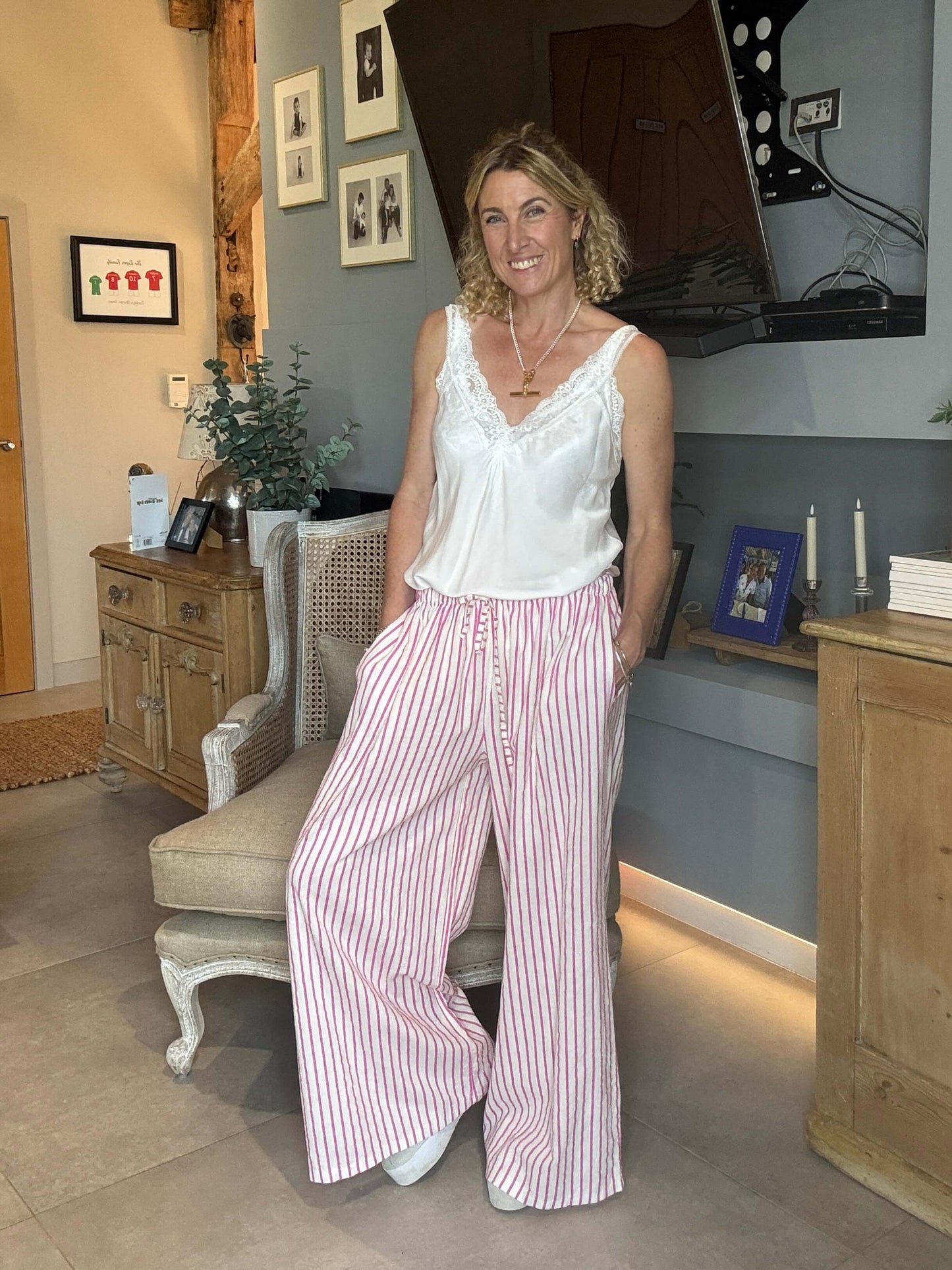 Candy Stripe Linen Trousers | Pink & White