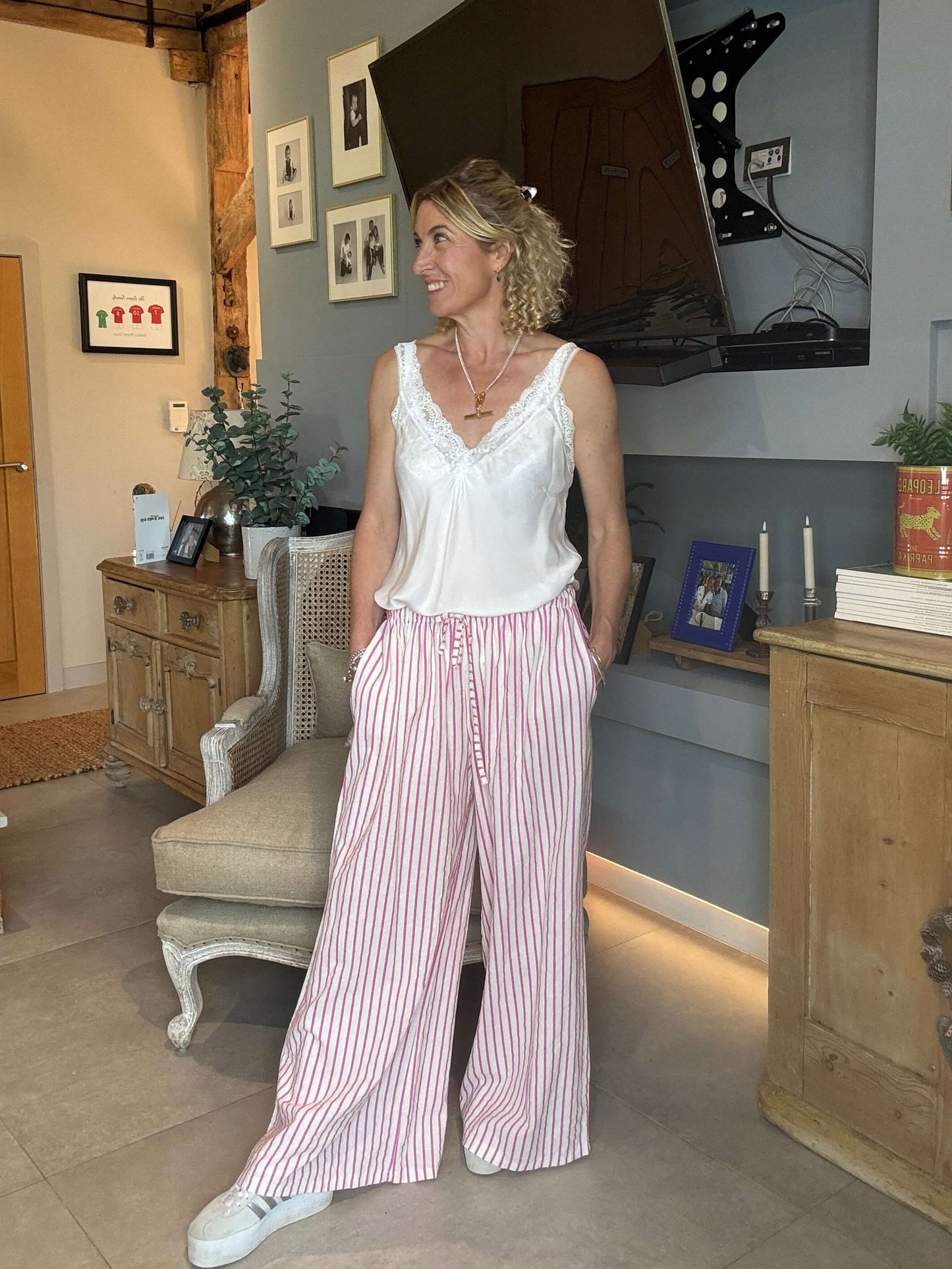 Candy Stripe Linen Trousers | Pink & White