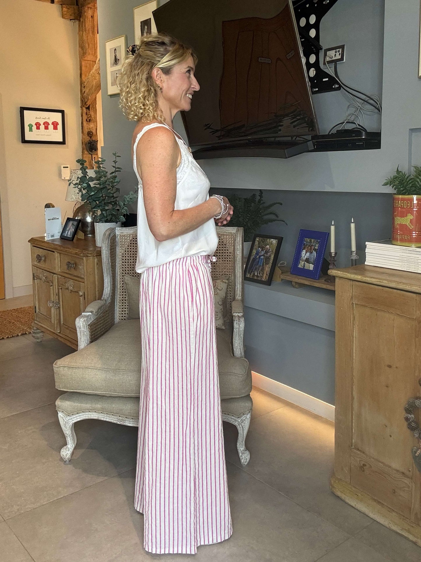Candy Stripe Linen Trousers | Pink & White