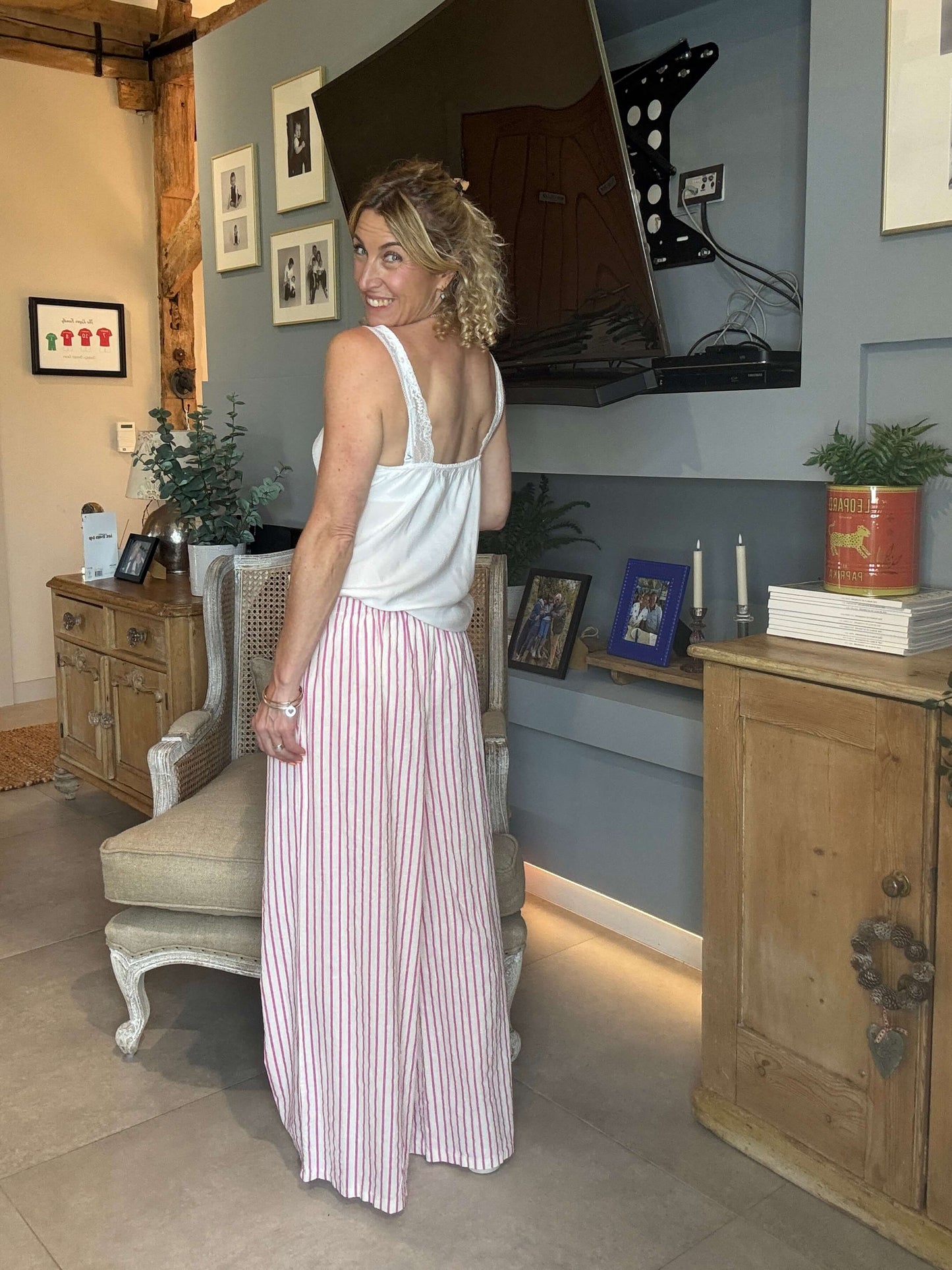 Candy Stripe Linen Trousers | Pink & White