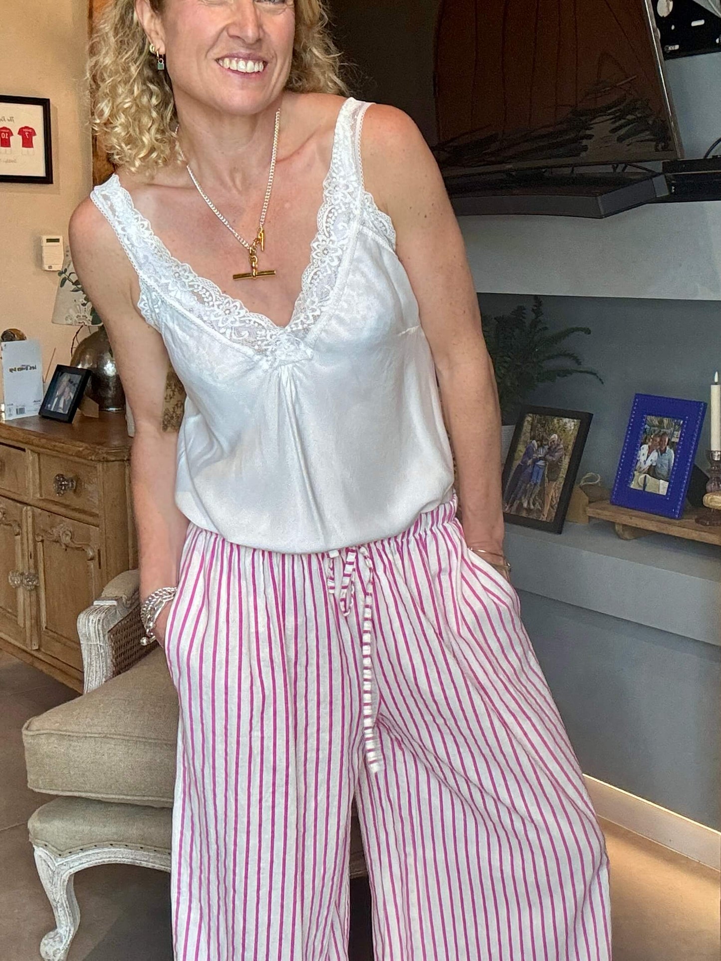 Candy Stripe Linen Trousers | Pink & White