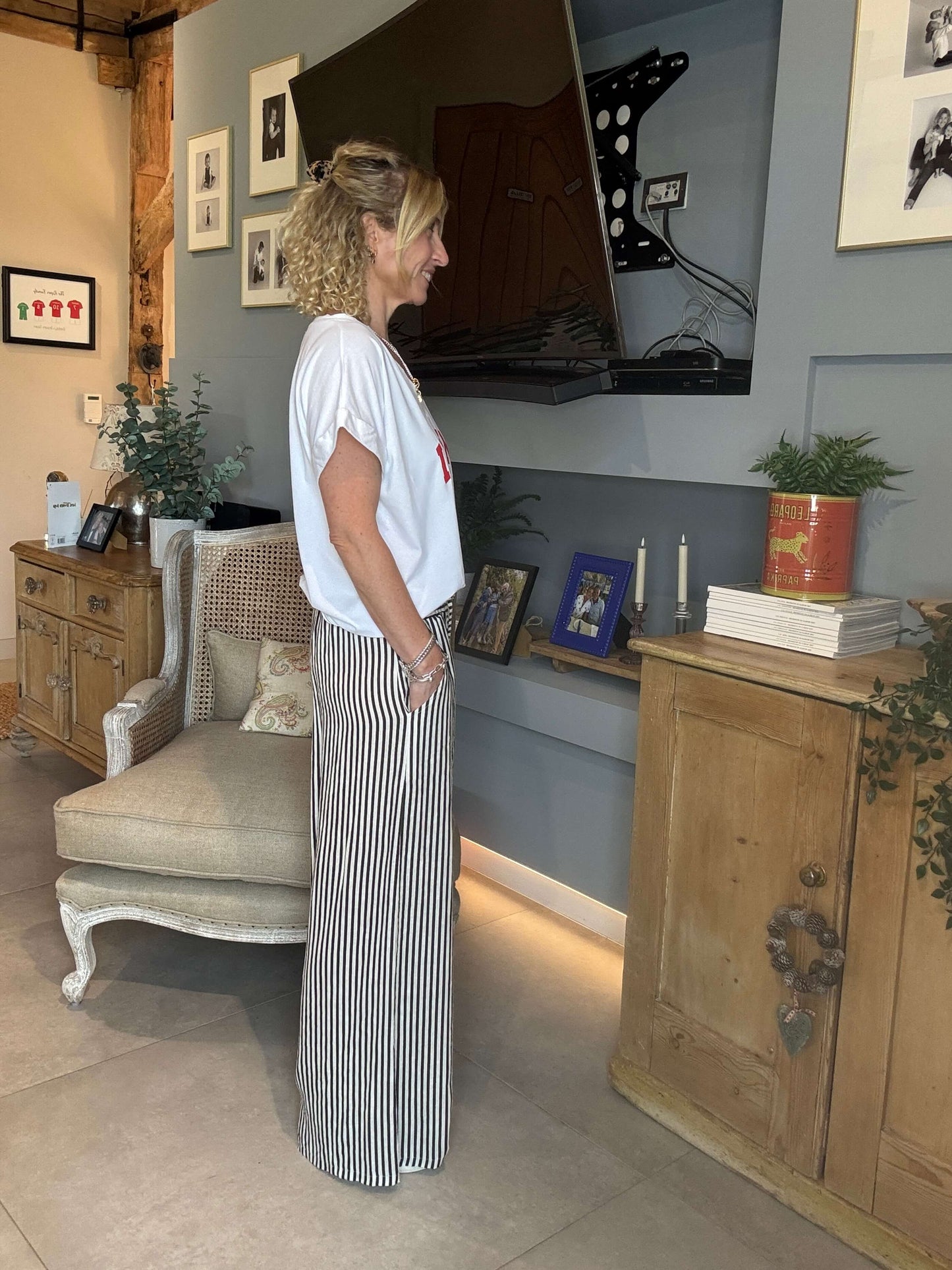 Candy Stripe Linen Trousers | Black & Ecru