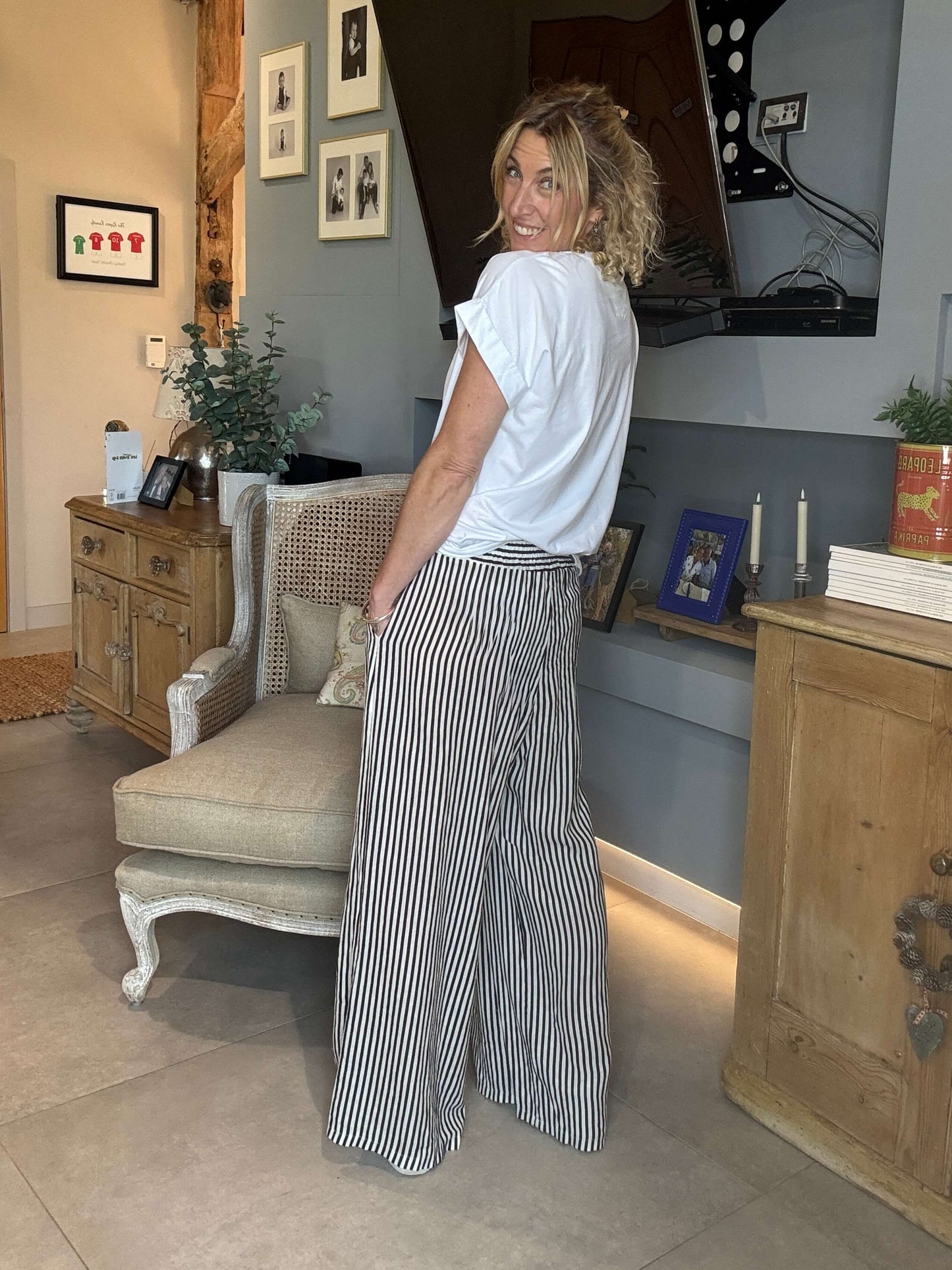 Candy Stripe Linen Trousers | Black & Ecru