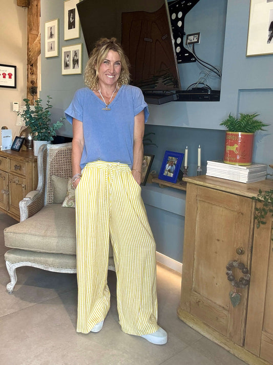 Candy Stripe Linen Trousers | Yellow & White