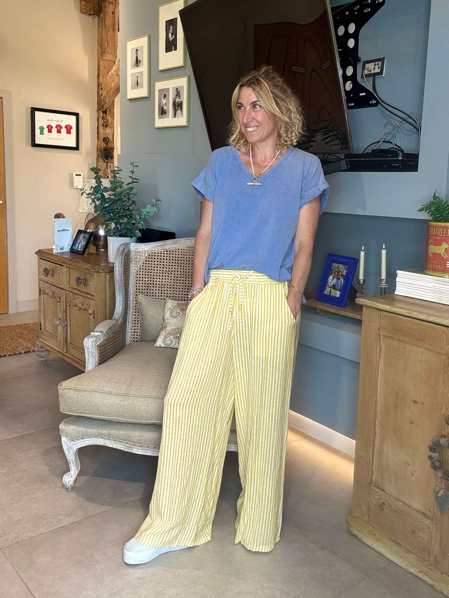 Candy Stripe Linen Trousers | Yellow & White