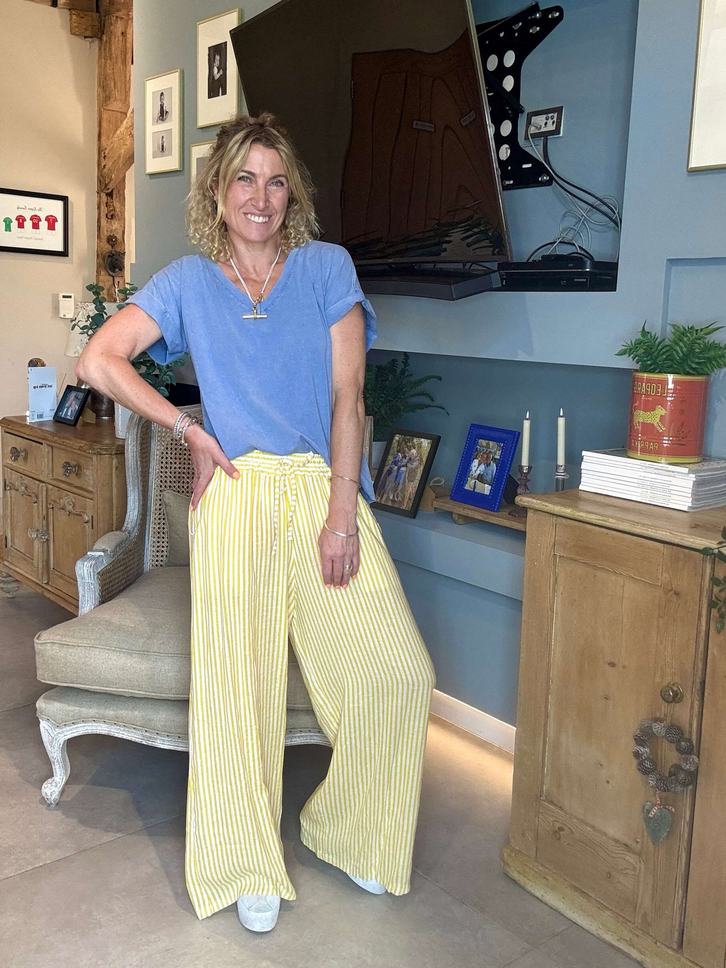 Candy Stripe Linen Trousers | Yellow & White