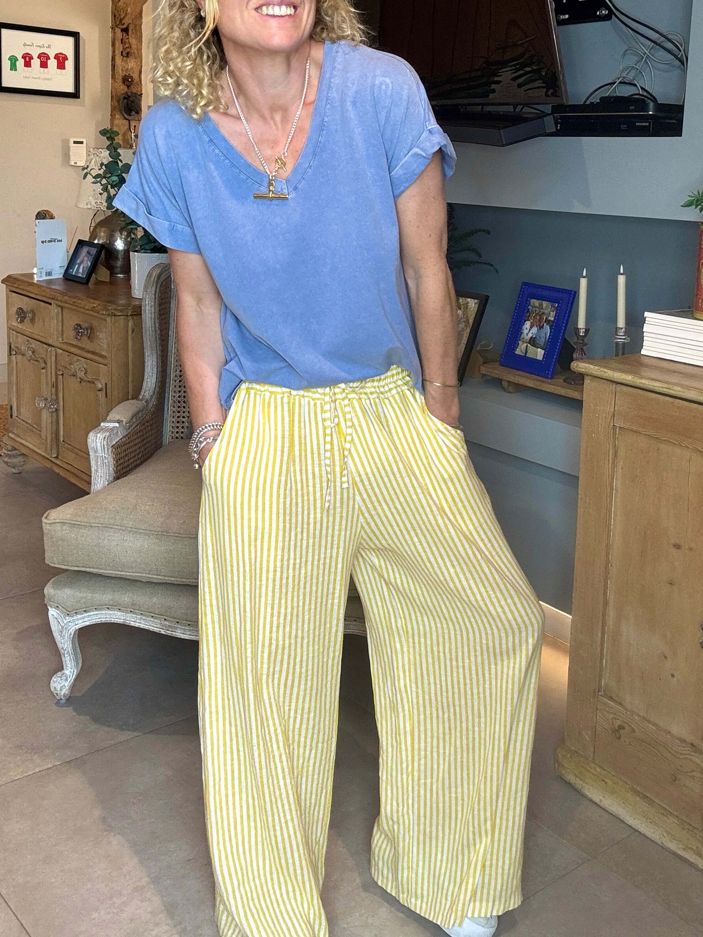 Candy Stripe Linen Trousers | Yellow & White