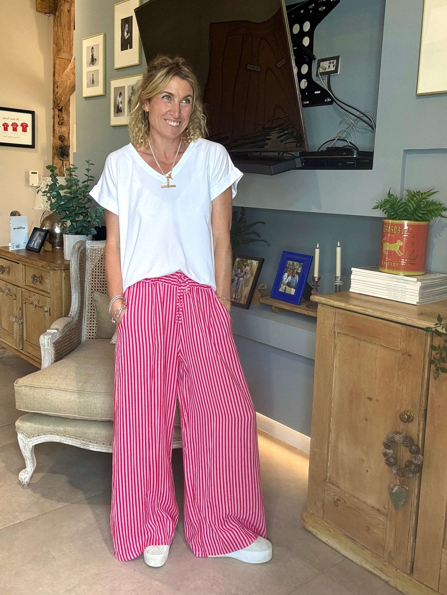 Candy Stripe Linen Trousers | Red & Pink