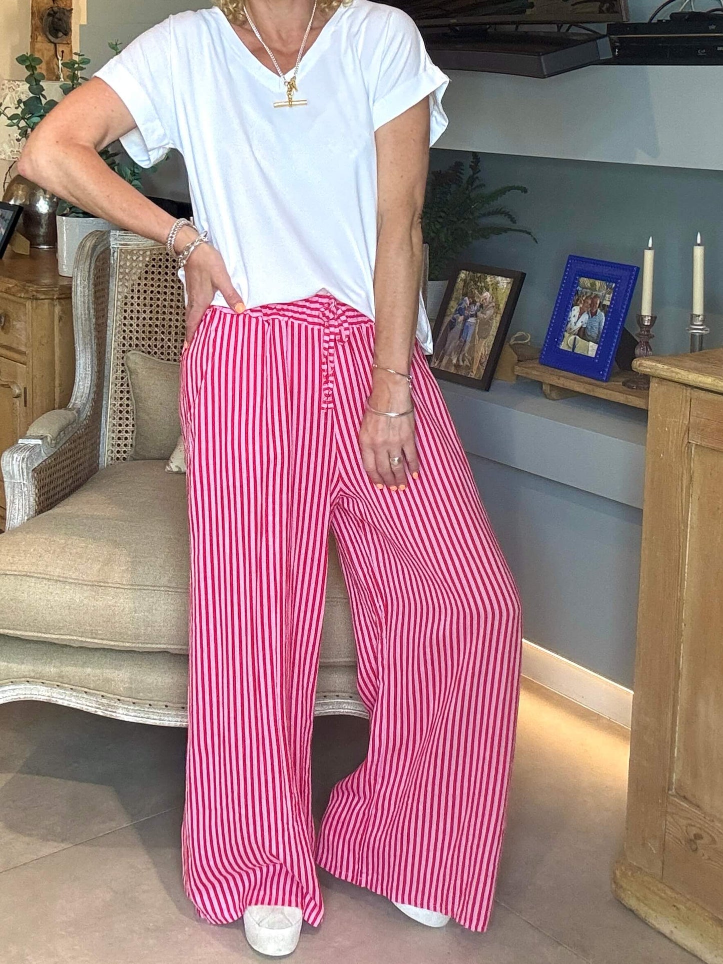 Candy Stripe Linen Trousers | Red & Pink