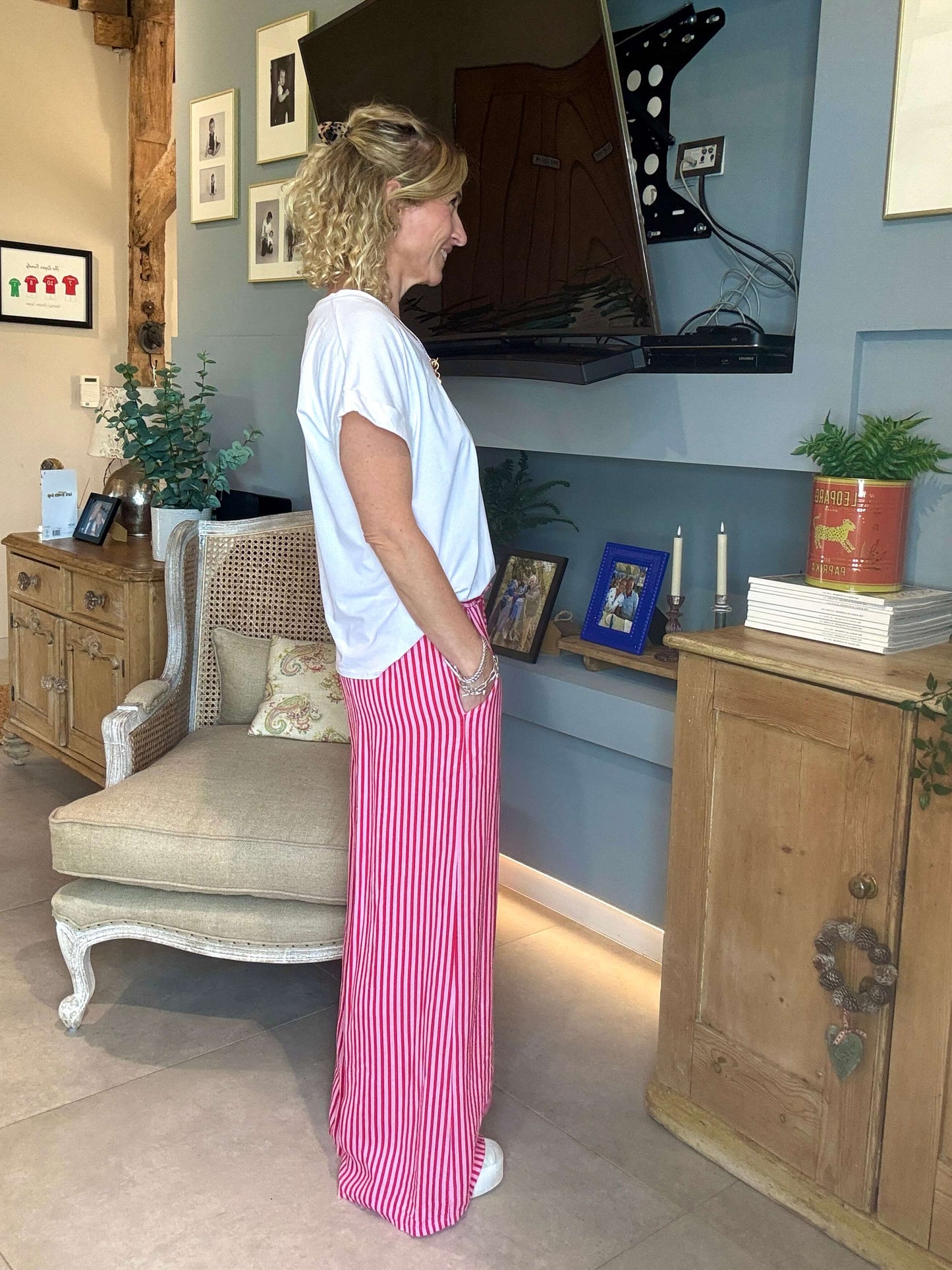 Candy Stripe Linen Trousers | Red & Pink