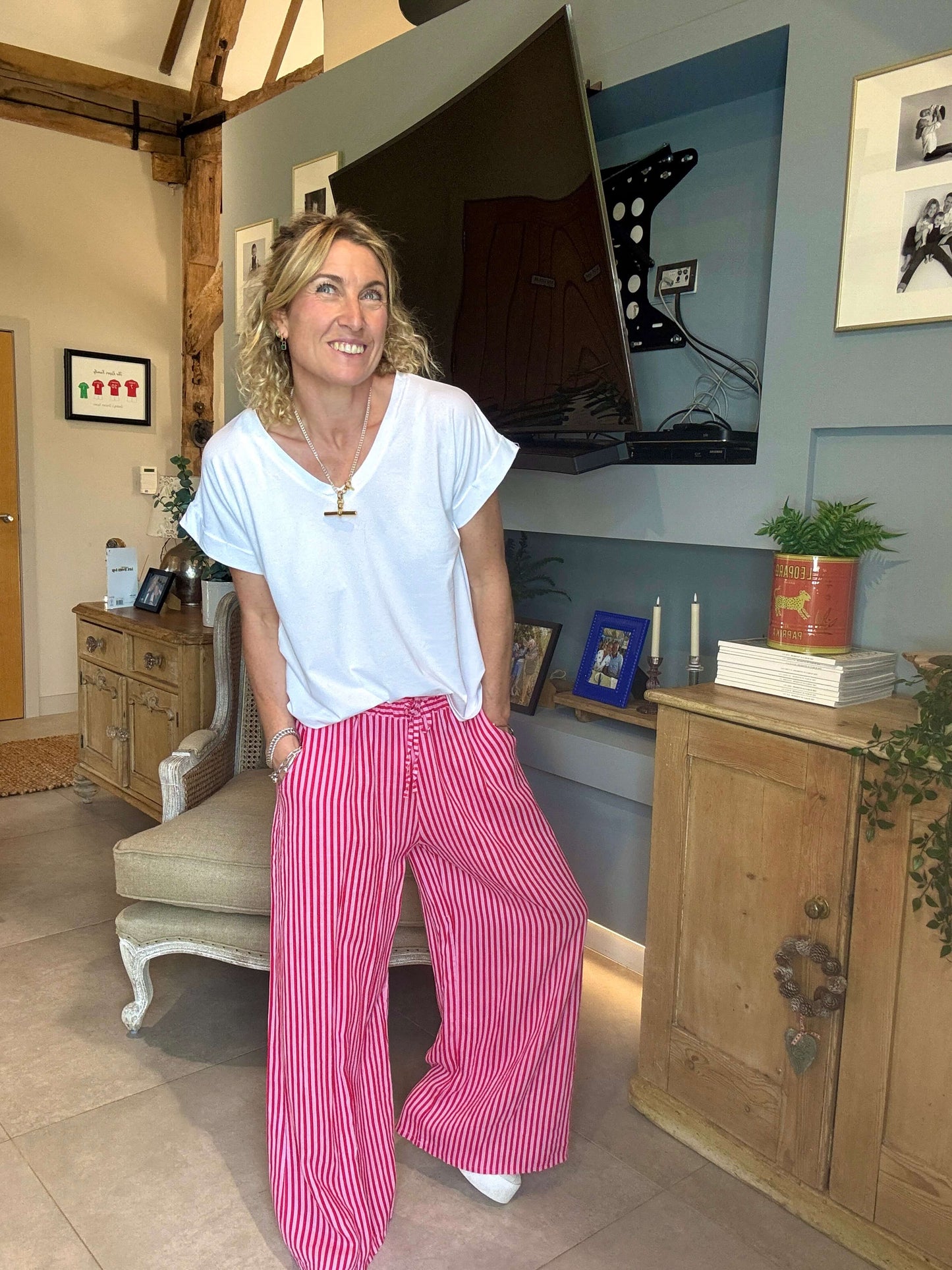 Candy Stripe Linen Trousers | Red & Pink