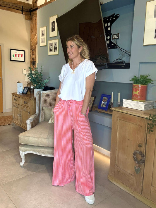 Candy Stripe Linen Trousers | Orange & Pink