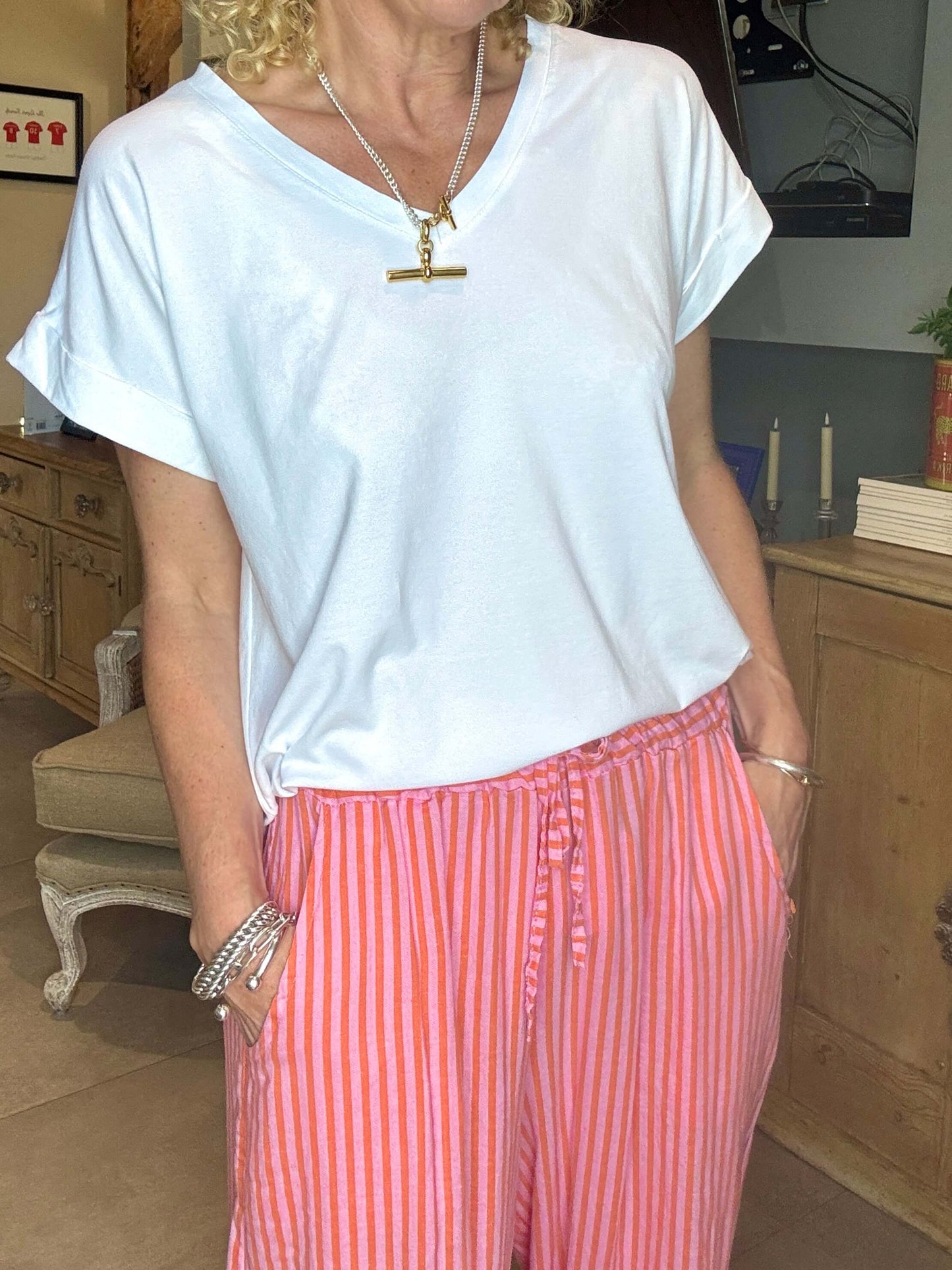 Candy Stripe Linen Trousers | Orange & Pink