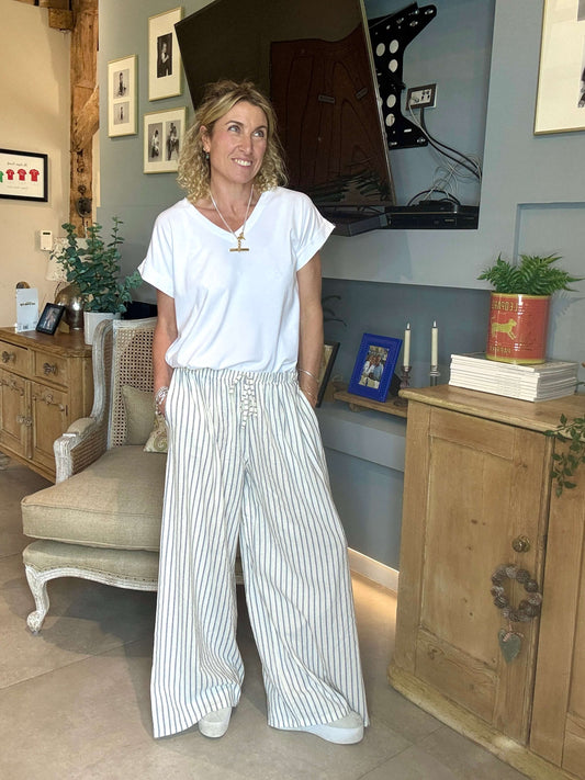 Candy Stripe Linen Trousers | Denim & Ecru