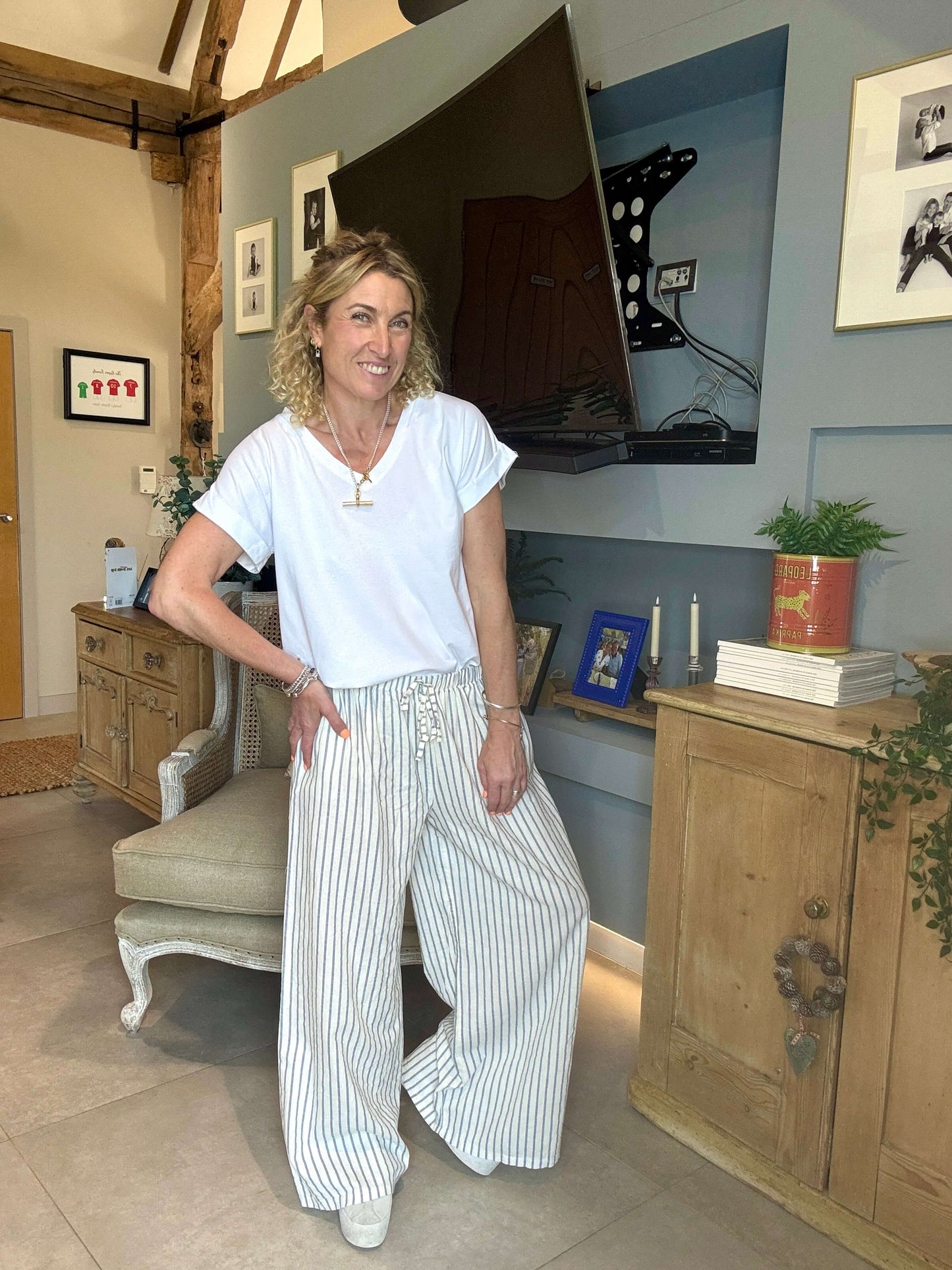 Candy Stripe Linen Trousers | Denim & Ecru