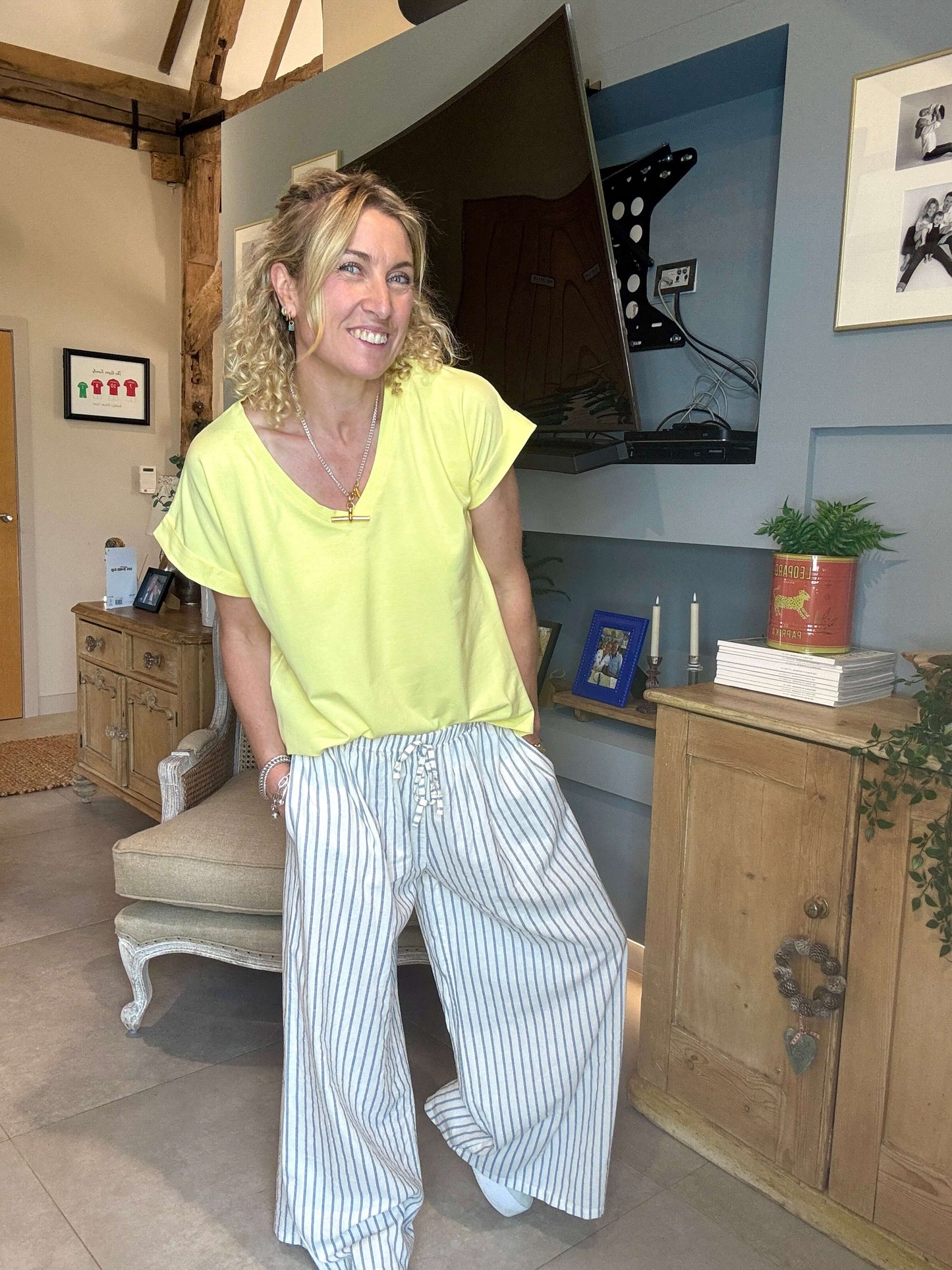 Candy Stripe Linen Trousers | Denim & Ecru