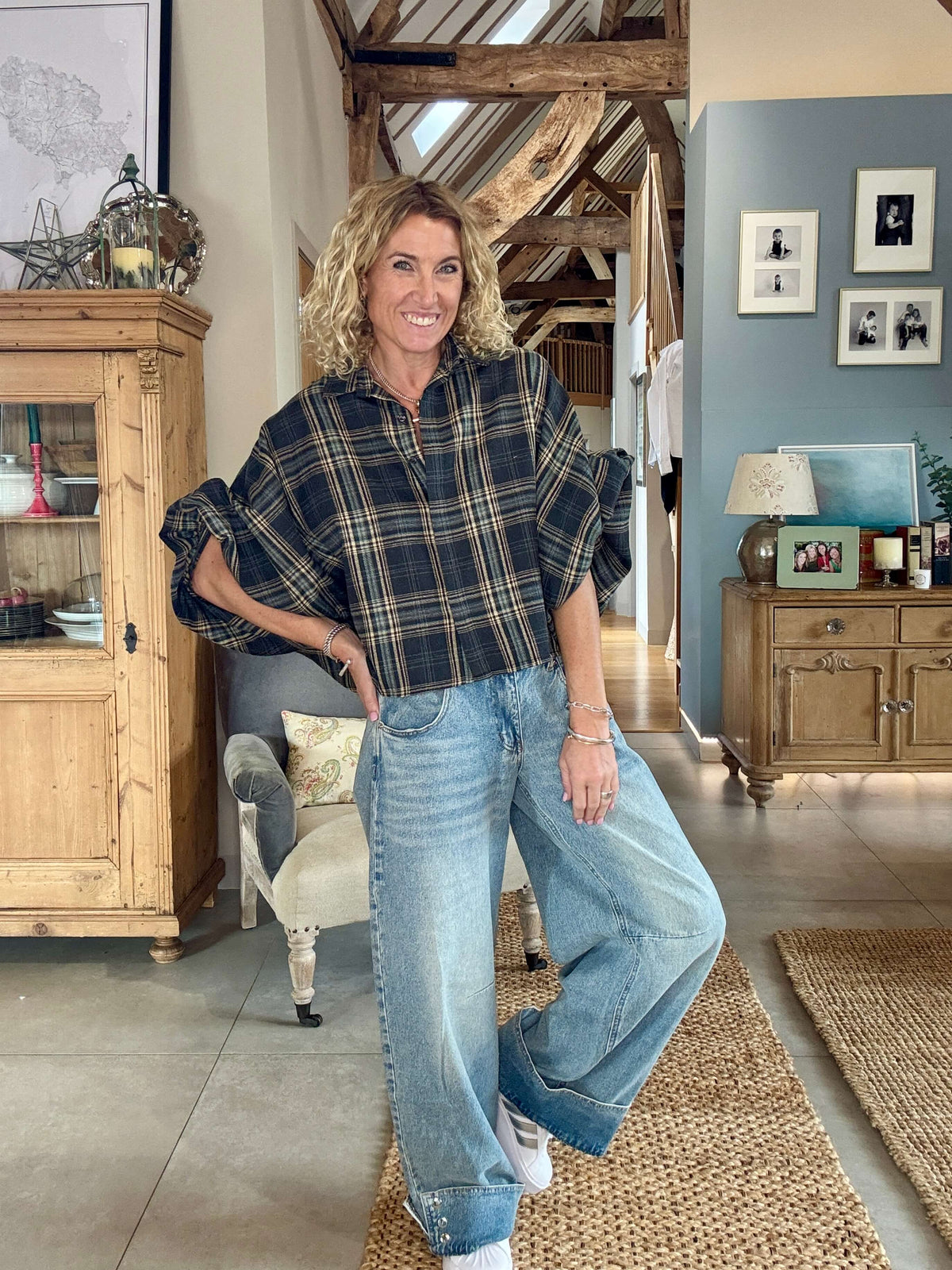 Jackson Plaid Bubble Sleeve Shirt | Charcoal & Blue
